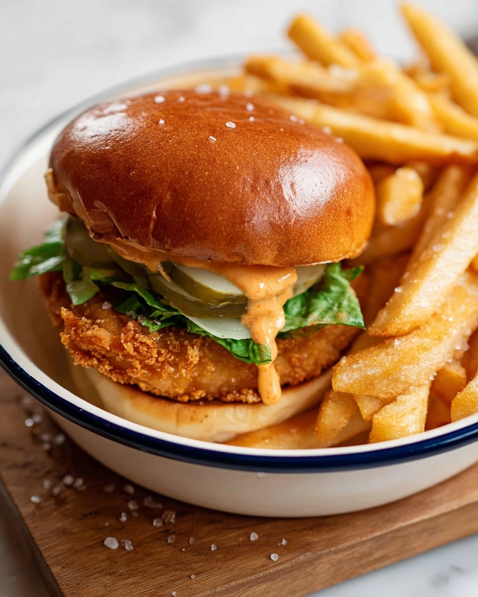 A close-up image of a crispy chicken sandwich placed on a pile of golden French fries inside a white bowl with a blue rim. The sandwich has a shiny, toasted brown bun on top, followed by a layer of green leafy lettuce and round pickles beneath it. A crispy, golden-brown breaded chicken patty sits on the bottom bun, with a smooth orange sauce dripping slightly from the sides. The fries are thick and crunchy, sprinkled with coarse salt, filling the bowl around the sandwich. The bowl is placed on a wooden cutting board, all set against a white marbled surface. Photo taken with an iphone --ar 4:5 --v 7