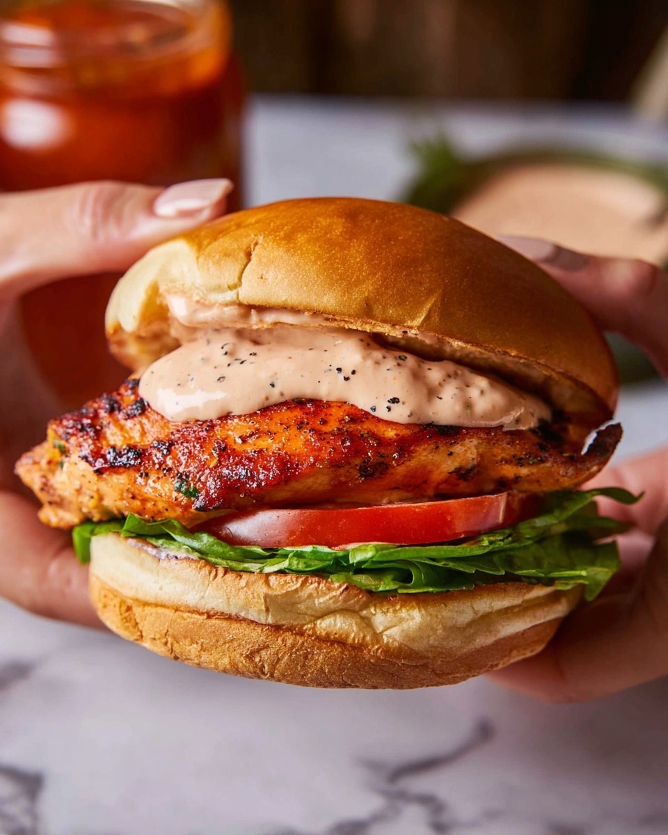 A close-up of a grilled chicken sandwich held by a woman's hands shows a soft, golden brown bun with a slightly shiny top as the top layer. The next layer is a creamy, light pink sauce with black pepper specks, partially coating a thick, charred, and juicy grilled chicken breast in the middle. Below the chicken is a layer of fresh, green leafy lettuce and two slices of bright red tomato. The bottom layer is the lightly toasted bottom bun, slightly soaked by the sauce. The sandwich is held over a white marbled surface with blurred background items including another bun and a jar of red sauce. photo taken with an iphone --ar 4:5 --v 7