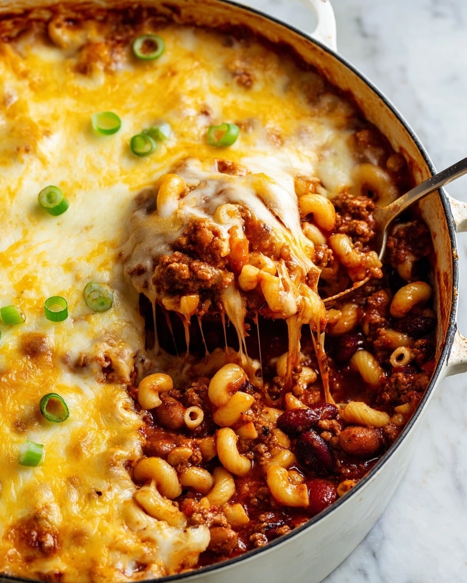 A white round pot filled with a layered baked pasta dish, showing about three visible layers: a base layer of thick red tomato sauce mixed with ground meat, kidney beans, and cooked elbow macaroni pasta with a rich, chunky texture; the middle layer with gooey, melted cheese that stretches as a wooden-handled spoon lifts some pasta; and the top layer covered with golden, bubbly melted cheese sprinkled with chopped green onions for color. The dish sits on a white marbled surface. photo taken with an iphone --ar 4:5 --v 7