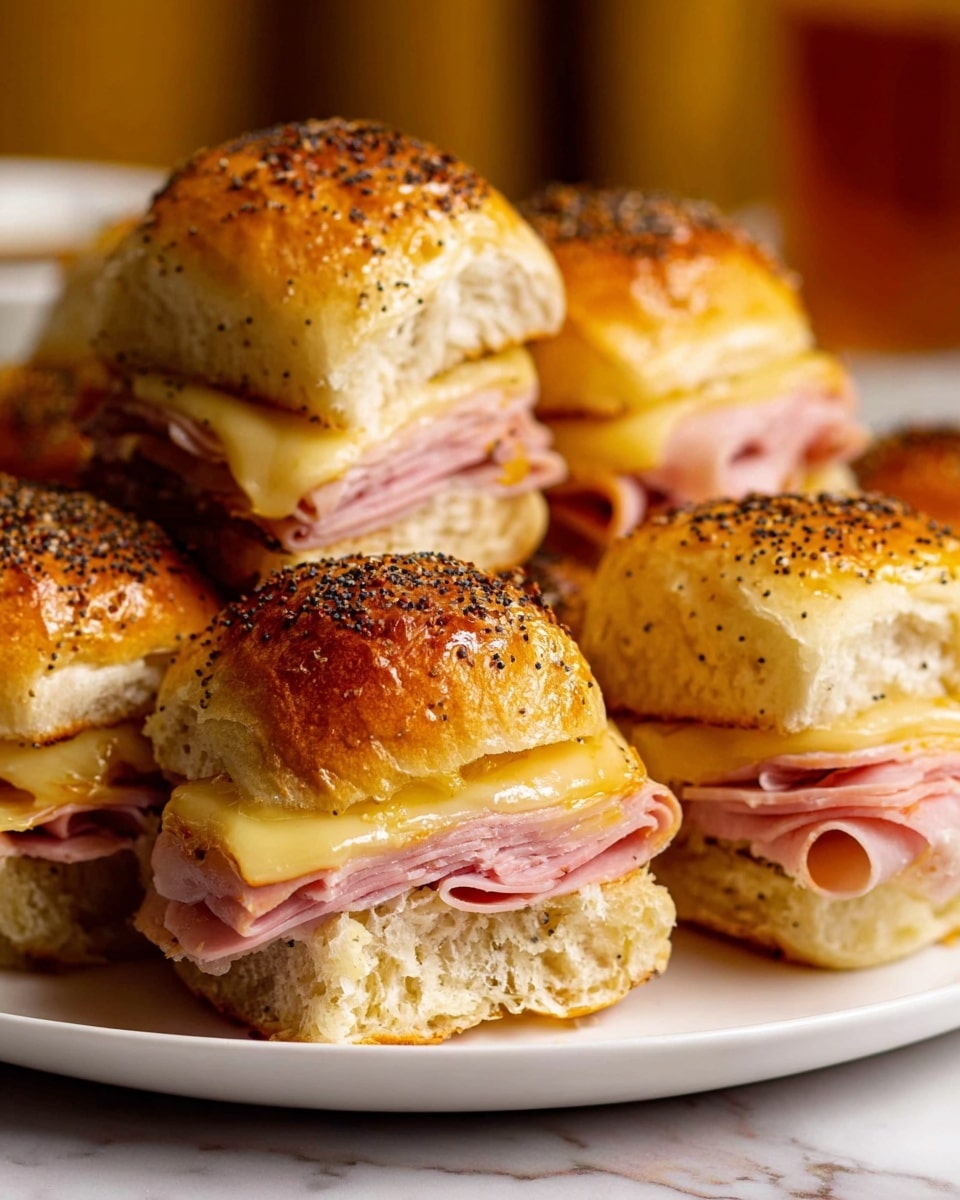 A pile of glossy golden brown sandwiches with a shiny, speckled top covered in dark poppy seeds sits stacked on a white plate. Each sandwich has two soft, fluffy bread layers with melted yellow cheese resting on top of a layer of thinly sliced pink ham. The cheese is slightly gooey and oozes out from the sides, contrasting with the tender, light-colored bread underneath. The background shows a blurred white marbled texture with two glasses containing amber liquid. photo taken with an iphone --ar 4:5 --v 7