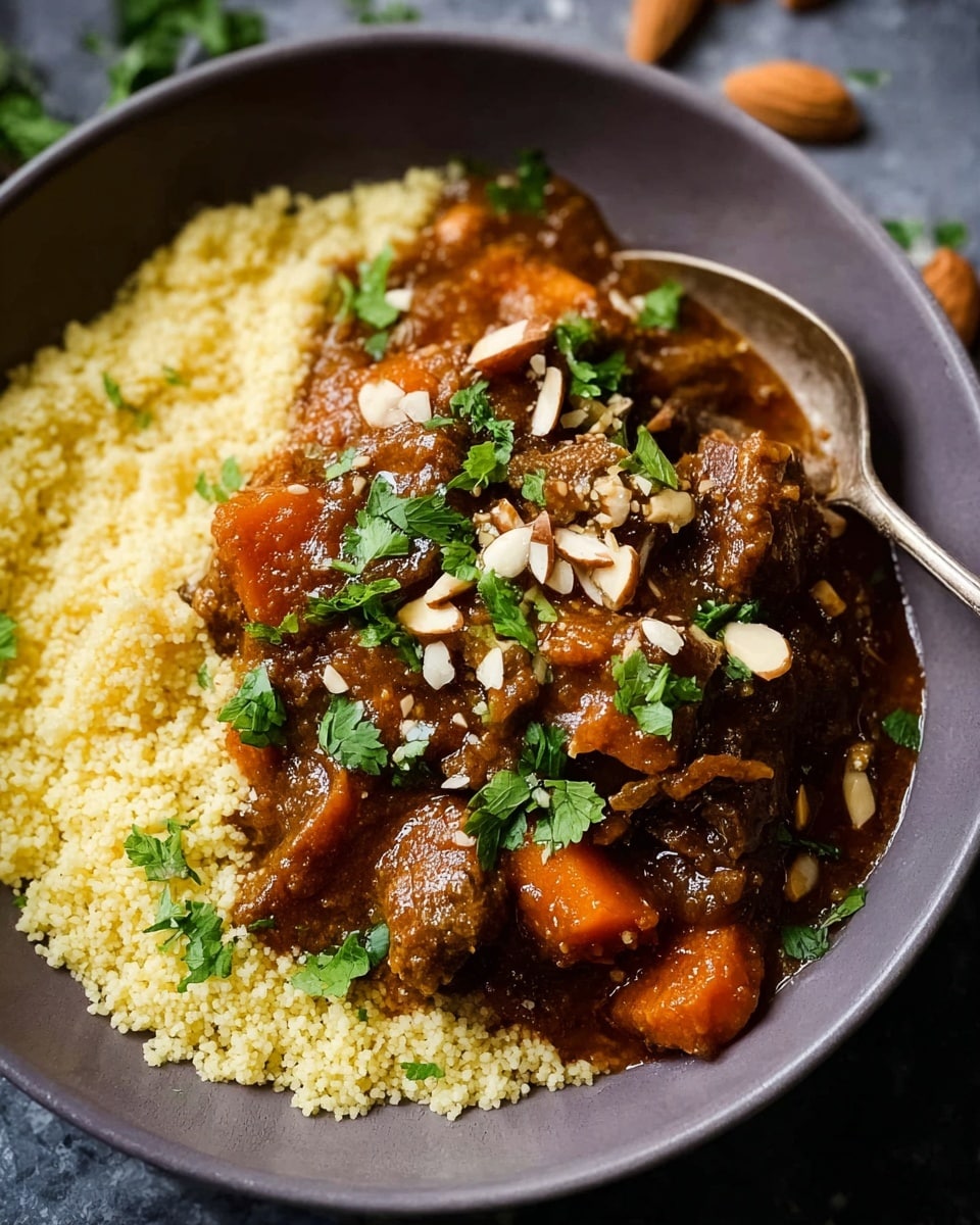 A bowl filled with three main layers: the bottom layer is light yellow couscous with a fluffy texture covering the whole bowl, the middle layer is a rich brown stew with tender chunks of meat and pieces of orange vegetables, topped with green cilantro leaves scattered around, and the top layer consists of slivered toasted almonds adding a crunchy texture. A silver spoon is partially placed in the bowl on the right side. The bowl itself is white with a simple design, placed on a surface with a white marbled texture. photo taken with an iphone --ar 4:5 --v 7