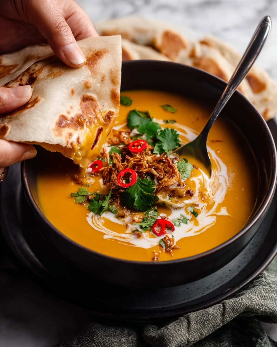 A dark bowl filled with thick, bright orange soup sits on a white plate, both placed on a white marbled surface. The soup has layers of white cream drizzled on top, scattered red chili slices, and green fresh cilantro leaves, along with small bits of crispy fried onions. A folded, golden-brown flatbread is dipped into the soup, showing soft, melted cheese stretching from the bread into the soup. A woman's hand holds the flatbread on the right side, while another woman's hand holds the bowl and a spoon resting inside the soup on the left. A textured gray cloth and some cilantro are in the background. Photo taken with an iphone --ar 4:5 --v 7