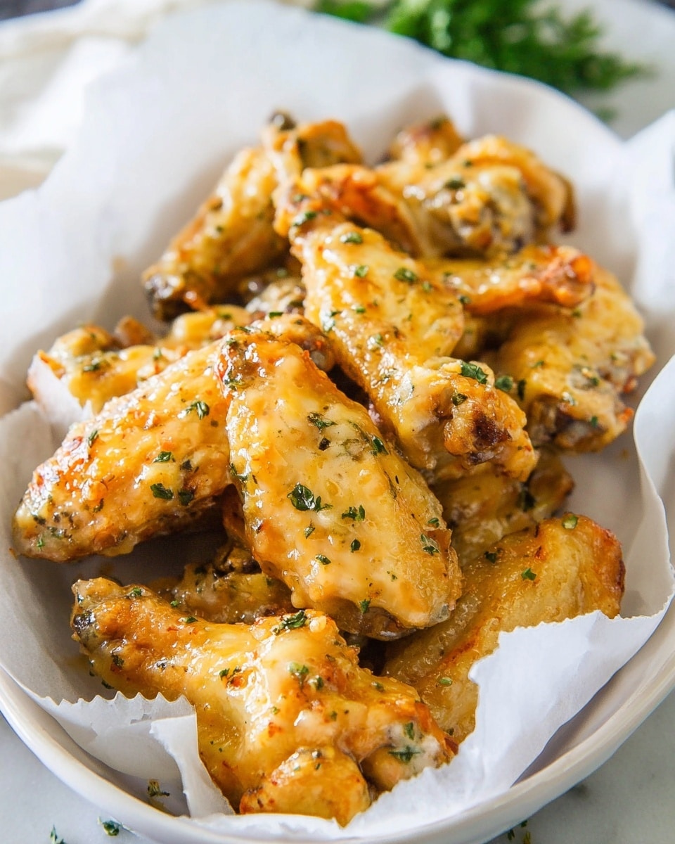 A white bowl filled with about ten cooked chicken wings stacked close together. Each wing has a golden, slightly crispy look with a glossy, oily coating. Small bits of green herbs and light brown garlic pieces are spread over the wings. The wings have a light yellow to golden color with a speckled texture from the parsley and garlic. The bowl is lined with white baking paper. The background is a white marbled texture. photo taken with an iphone --ar 4:5 --v 7