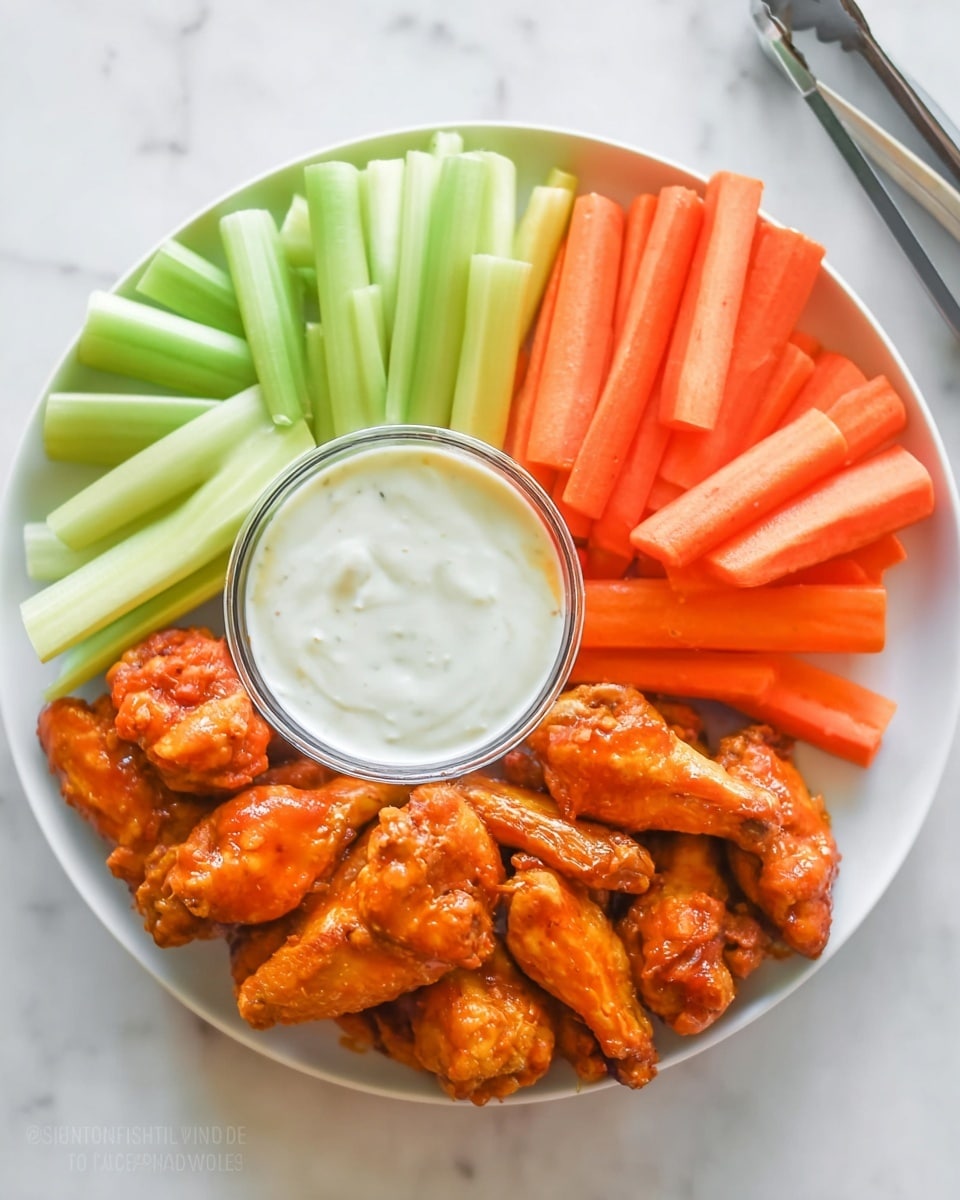 A white round plate on a white marbled background holds several bright orange buffalo chicken wings piled in the center. On the left side of the plate, there are fresh, light green celery sticks neatly arranged in a small stack. On the right side, a heap of smooth, vibrant orange baby carrots lines the edge. Below the celery, there is a small clear cup filled with creamy white ranch dressing. The textures contrast with the crispy, saucy wings, the crunchy celery, and fresh carrots. photo taken with an iphone --ar 4:5 --v 7