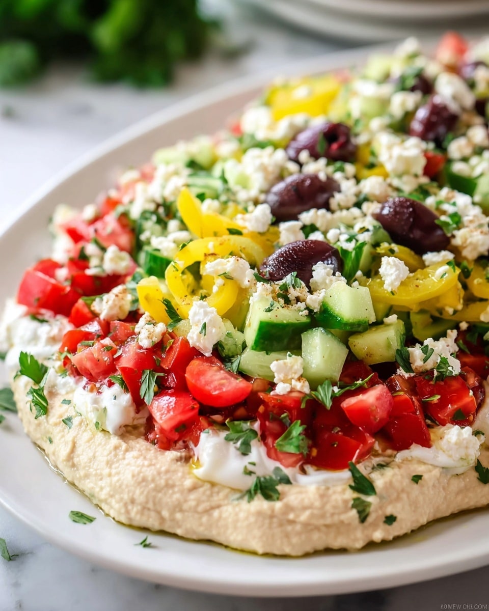A white rectangular plate holds a dish of four visible layers, starting with a smooth beige hummus spread as the base, followed by a creamy white sauce layer on top. On this sits a bright red layer of diced fresh tomatoes, layered with small green cucumber pieces mixed with chopped chives. The top layer consists of dark purple Kalamata olives, yellow pickled pepper slices, and crumbled white feta cheese scattered across the dish. The vibrant colors contrast sharply against the hummus and white sauce on the white plate, all set on a white marbled surface. Photo taken with an iphone --ar 4:5 --v 7