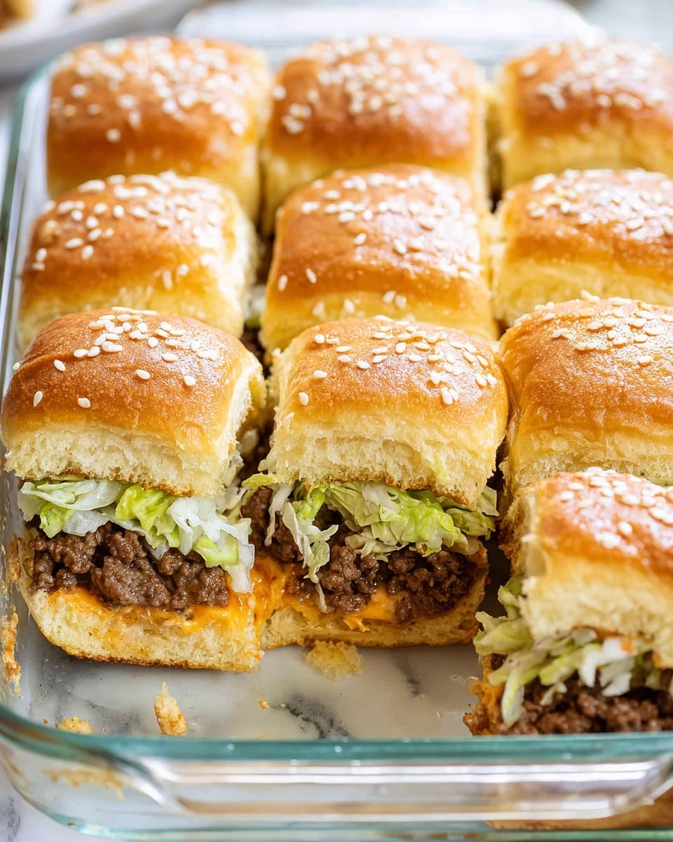 The image shows a close-up of nine sliders arranged in a 3x3 grid inside a clear glass rectangular baking dish on a white marbled surface. Each slider has three visible layers: the top is a golden-brown soft bun with sesame seeds sprinkled on top, the middle layer consists of shredded green lettuce mixed with a creamy sauce and cooked ground beef with a slightly crumbly texture, and the bottom layer is a light, fluffy yellow bun base. The sliders are tightly packed together, with some lettuce and sauce spilling over the sides. Photo taken with an iphone --ar 4:5 --v 7