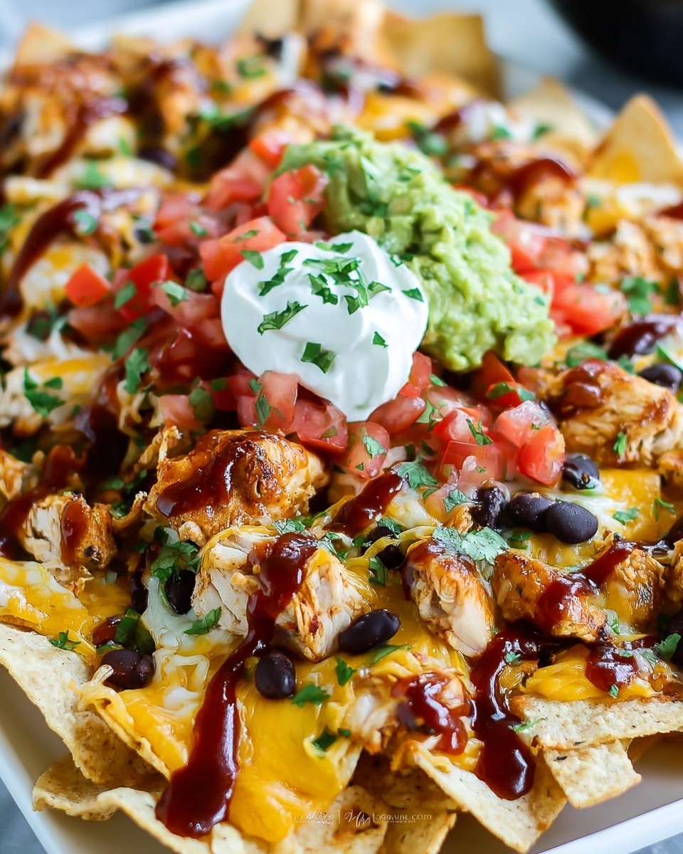 The dish shows a close-up of loaded nachos arranged on a white plate over a white marbled surface, layered thickly with melted yellow cheese covering the light yellow tortilla chips. Black beans and golden corn kernels are scattered evenly across the top. Grilled chicken pieces with a golden-brown crust are spread among the chips. On top, there is a colorful pile of diced red tomatoes mixed with green cilantro leaves, along with a generous dollop of smooth white sour cream in the center, garnished with more chopped cilantro. Dark reddish-brown BBQ sauce is drizzled artistically over the entire dish, adding contrast and shine. Photo taken with an iphone --ar 4:5 --v 7