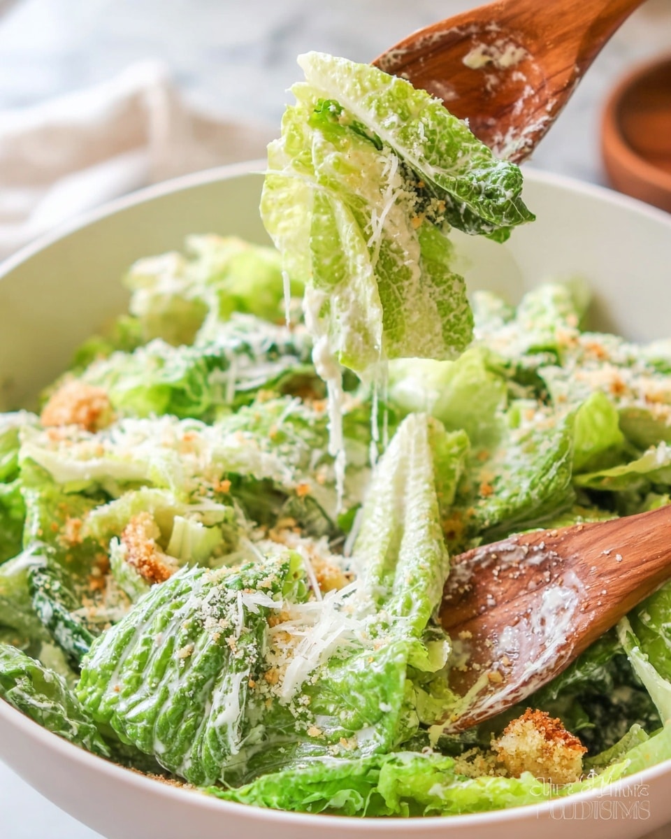 A white bowl filled with a fresh Caesar salad showing bright green romaine lettuce leaves coated in a creamy dressing; there is a visible layer of finely grated Parmesan cheese and small brown toasted breadcrumb bits sprinkled on top. Two wooden salad tongs lift a bunch of the lettuce, showing the texture and layers of the dressing and cheese on the leaves, all set against a white marbled background. photo taken with an iphone --ar 4:5 --v 7