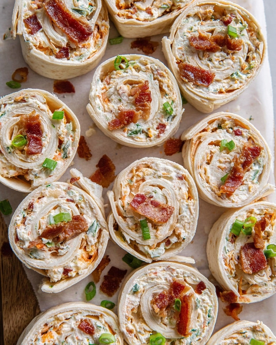 The image shows many small, bite-sized pinwheel sandwiches arranged closely on a piece of parchment paper over a white marbled surface. Each pinwheel has three visible thin layers: an outer white tortilla wrap, a thick middle layer of creamy, light beige spread with finely chopped orange bits, and small pieces of green herbs spread throughout. Crispy pieces of reddish-brown bacon and small green scallion slices are sprinkled on top and around the pinwheels, adding color contrast and texture. The pinwheels have a soft but slightly textured look with a spiral pattern. Photo taken with an iphone --ar 4:5 --v 7