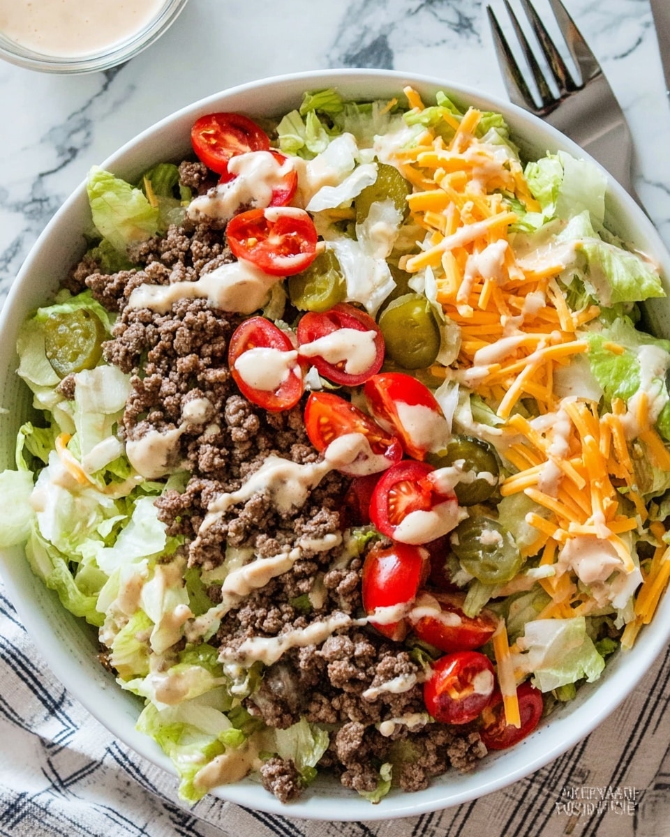 A white bowl filled with a layered salad starting with a base of shredded light green lettuce, topped with crumbled brown cooked ground beef scattered evenly across. Bright red cherry tomatoes, both whole and halved, are spread on top along with slices of ridged green pickles. Thin orange cheddar cheese strips are layered throughout, and the whole salad is finished with a creamy beige dressing drizzled over the ingredients. The bowl is placed on a white marbled textured surface next to a fork and spoon. photo taken with an iphone --ar 4:5 --v 7