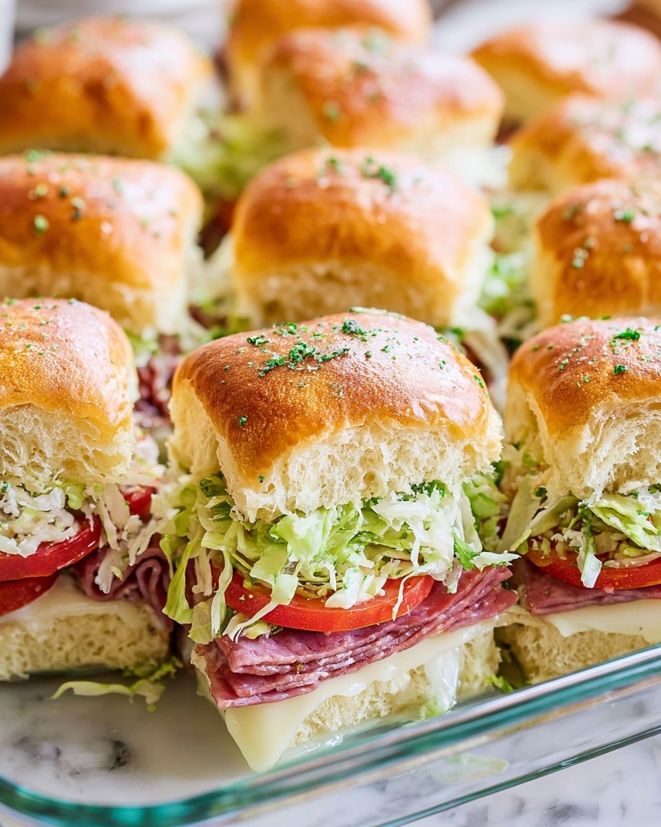 A close-up of nine square sandwich sliders in a clear glass baking dish, each slider has three layers: the top layer is a golden brown soft bread roll sprinkled with small bits of green herbs, the middle layer has light green shredded lettuce mixed with a creamy white sauce, and visible slices of red pepper and thin folded slices of salami; the bottom layer is a thick slice of melted white cheese resting on a white bread base. The sliders are tightly packed together, showing the fresh and creamy texture of the fillings. The whole scene is set against a white marbled texture, with soft natural light highlighting the textures and colors. photo taken with an iphone --ar 4:5 --v 7