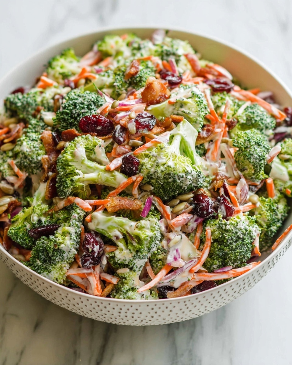 A large white bowl filled with a colorful broccoli salad sits on a white marbled surface. The salad has about four main layers: bright green broccoli florets with rough texture, thin orange carrot sticks scattered throughout, small pieces of red onion adding purple color, and dark red dried cranberries peeking through. Small bits of light brown nuts and bacon pieces are mixed in, adding texture and color contrast. The salad is lightly coated in a creamy white dressing that softly clings to the vegetables. Photo taken with an iphone --ar 4:5 --v 7