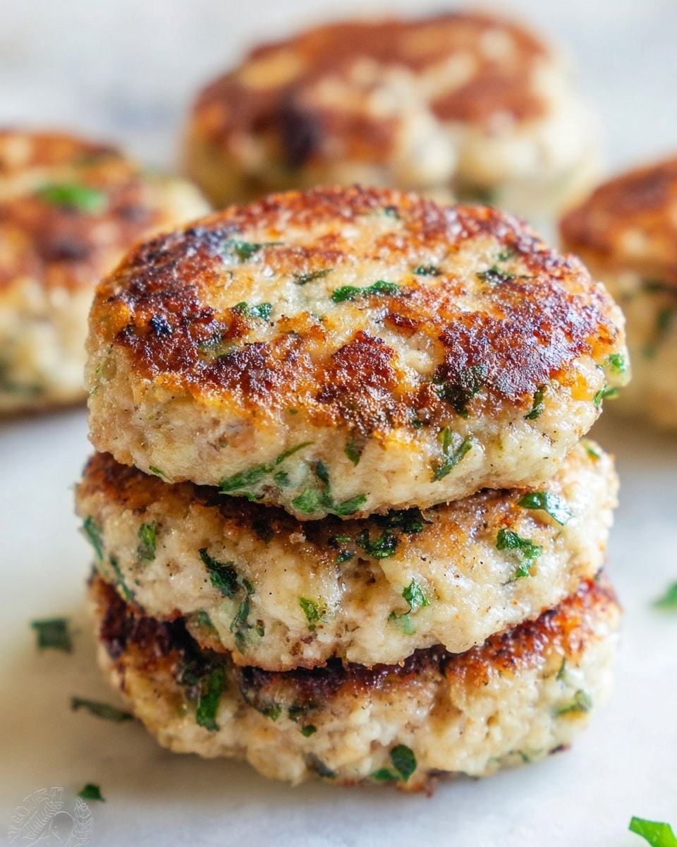 The image shows a close-up view of a stack of three golden-brown patties with a crispy textured surface, each patty sprinkled with small bits of green herbs. The patties are thick, round, and have a slightly uneven, homemade look with visible bits of seasoning. Around the stack, more patties are spread out on a white marbled surface, all sharing the same textured and browned appearance, suggesting they were pan-cooked. photo taken with an iphone --ar 4:5 --v 7