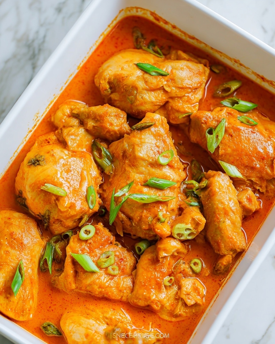 The image shows several pieces of cooked chicken, coated in a thick, shiny, bright orange sauce, arranged closely together in a white dish. The chicken pieces have a slightly crispy texture under the sauce, and small green onion pieces are sprinkled evenly on top, adding a fresh contrast of color. The dish sits on a white marbled surface, enhancing the vibrant colors of the food. photo taken with an iphone --ar 4:5 --v 7
