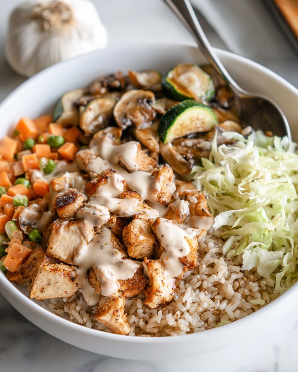 The dish is served in a white bowl featuring several distinct sections: on the left side, there is a layer of golden brown fried rice mixed with small pieces of carrots and peas; in the center, there are chunks of grilled chicken coated with a light, creamy sauce, showing a tender and slightly charred texture; on the right side, some cooked zucchini slices and shredded pale cabbage provide color contrast, with the cabbage appearing fresh and crisp. The spoon resting inside the bowl adds depth to the scene, and the background has a soft focus with a white marbled texture visible. Photo taken with an iphone --ar 4:5 --v 7