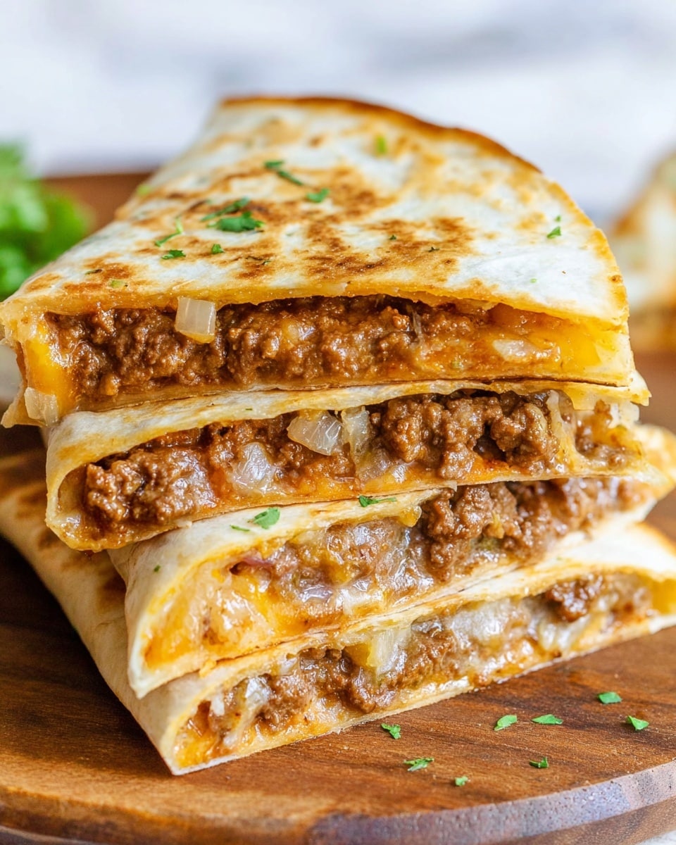 Three triangular quesadilla pieces stacked on a white marbled surface, each filled with a thick, juicy layer of browned ground meat mixed with melted orange cheese and bits of cooked onions. The outside tortilla layers are golden with some darker toasted spots and a slightly crispy texture. The stack shows the rich filling clearly between the two soft yet crispy tortilla layers of each piece. Small green herb pieces are sprinkled on top. photo taken with an iphone --ar 4:5 --v 7