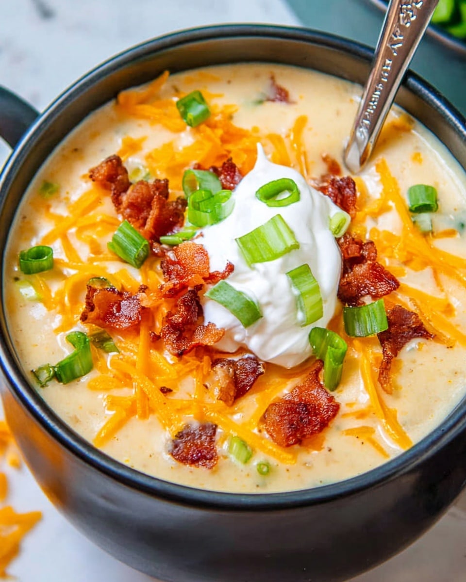 A creamy, pale yellow soup fills a white bowl, topped with shredded orange cheese scattered across the surface. Small pieces of crispy, dark brown bacon are placed evenly around the soup. Bright green slices of green onion are sprinkled on top, adding a fresh contrast. In the center, a dollop of white sour cream rests, garnished with a couple of green onion slices. A silver spoon with text on the handle is partially dipped into the soup. The bowl sits on a white marbled surface. photo taken with an iphone --ar 4:5 --v 7
