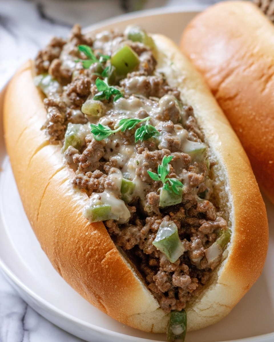 A close-up of a sandwich on a white soft bun, split open to hold a thick layer of creamy ground beef mixed with small pieces of green bell pepper and onions, topped with fresh green parsley leaves. The bun's texture looks soft and fluffy with slight browning on the outside. The sandwich sits on a white marbled surface with another sandwich blurred in the background. photo taken with an iphone --ar 4:5 --v 7