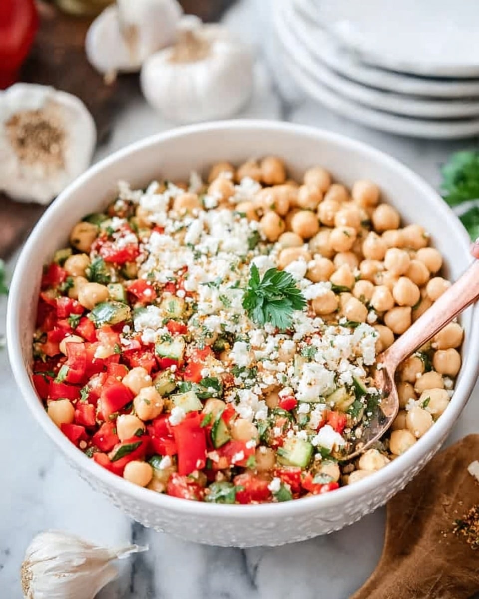 A white bowl is filled with a colorful chickpea salad made of round, beige chickpeas mixed with small, bright green and pale yellow zucchini cubes, and halved cherry tomatoes showing their juicy red inside. The salad is sprinkled with crumbled white cheese and chopped fresh green herbs, with a basil leaf placed on top as a garnish. The bowl is placed on a white marbled surface with some garlic cloves, a wooden cutting board, and white plates visible blurred in the background. Photo taken with an iphone --ar 4:5 --v 7
