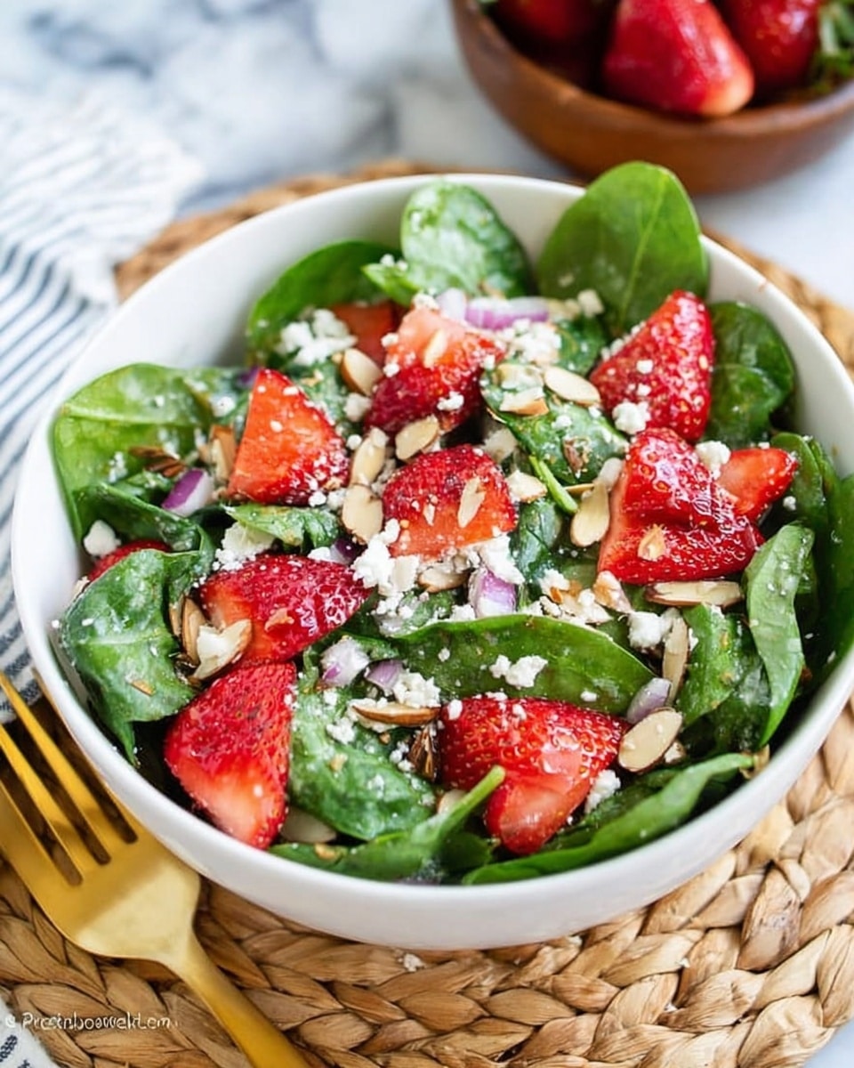 A white textured bowl filled with fresh green spinach leaves as the base layer, topped with bright red sliced strawberries scattered throughout. There are small chunks of white cheese and thin slices of light brown toasted almonds sprinkled on top. Small pieces of purple onion are mixed in as the final layer. The bowl sits on a light woven placemat with a woman's hand holding a golden fork poised above the salad, all placed on a white marbled surface. Photo taken with an iphone --ar 4:5 --v 7