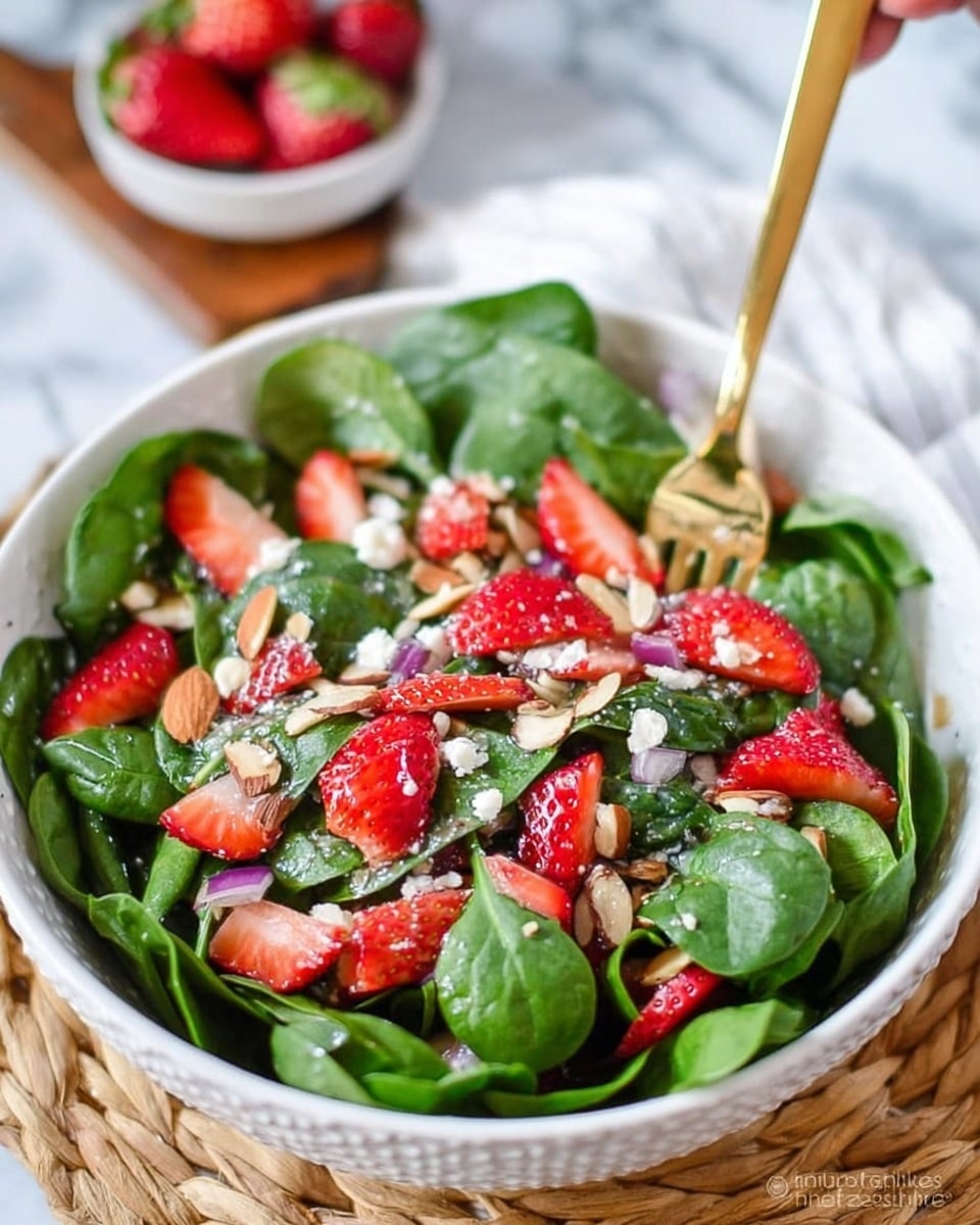 A white bowl filled with fresh green spinach leaves as the base layer, topped with bright red strawberry slices scattered evenly. There are small pieces of chopped red onion mixed in, adding a slight purple touch, along with toasted almond slices spread on top for texture. White crumbled cheese is sprinkled over the salad, adding a soft contrast. The bowl sits on a woven mat, with part of a woman's hand holding a gold fork visible on the left side, all placed on a white marbled surface. Photo taken with an iphone --ar 4:5 --v 7