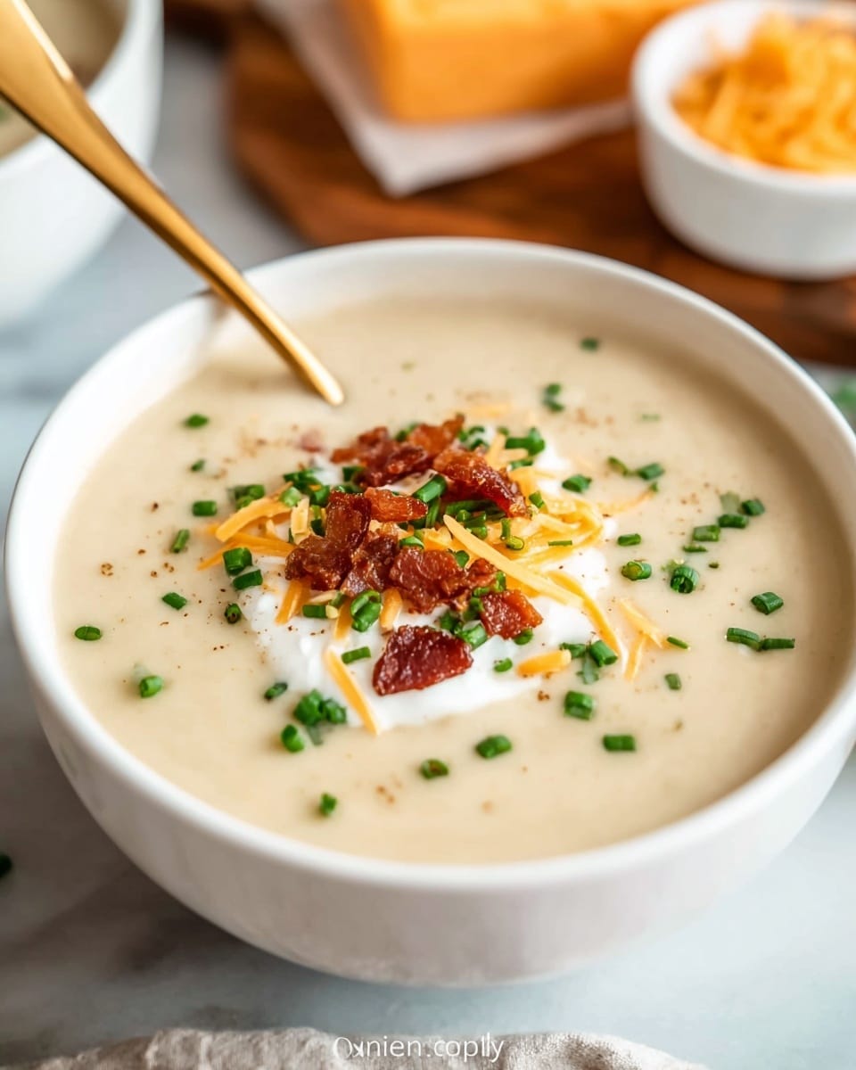 A white bowl filled with thick, creamy beige soup sits on a white marbled surface. The soup has a smooth texture with a central topping made of three visible layers: a dollop of white sour cream at the bottom, crispy brown bacon bits on top of that, and bright green chopped scallions sprinkled over everything. A few small pieces of shredded orange cheddar cheese add color on top of the bacon and scallions. A gold spoon is partially dipped into the soup on the left side of the bowl, ready for eating. In the blurry background, there is a white stack of bowls and an orange block of cheddar cheese. Photo taken with an iphone --ar 4:5 --v 7