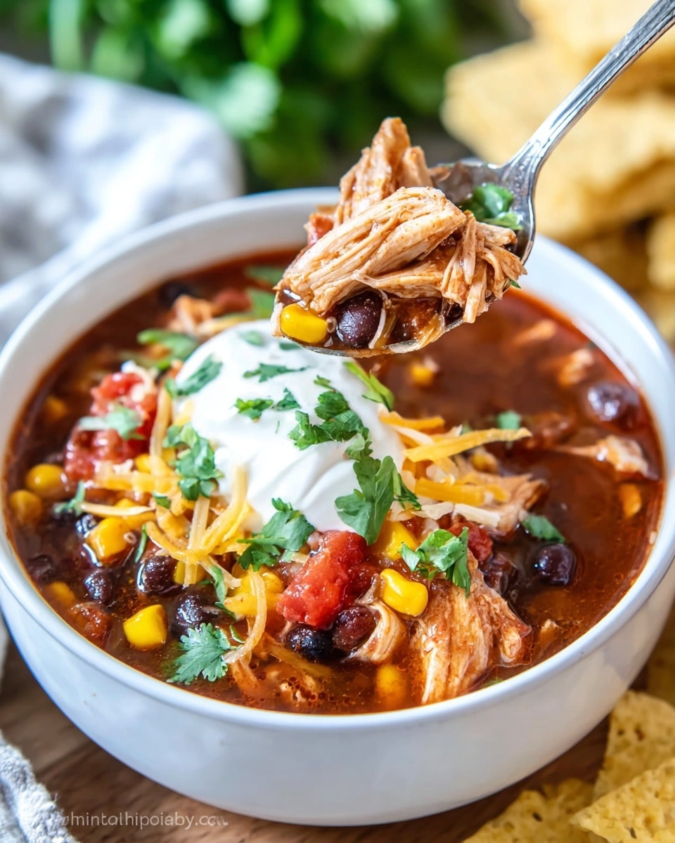 A white bowl filled with a chunky chicken chili soup shows several layers: a dark reddish-brown broth base, mixed with pieces of shredded light brown chicken, bright yellow corn kernels, black beans, and red tomato chunks. On top, there is a dollop of white sour cream, sprinkled with shredded yellow cheese and fresh green cilantro leaves. A silver spoon lifts a portion of the soup, highlighting the mix of corn, black beans, and chicken above the bowl. The bowl is set on a wooden surface with a white marbled texture background and blurred green cilantro in the distance. photo taken with an iphone --ar 4:5 --v 7