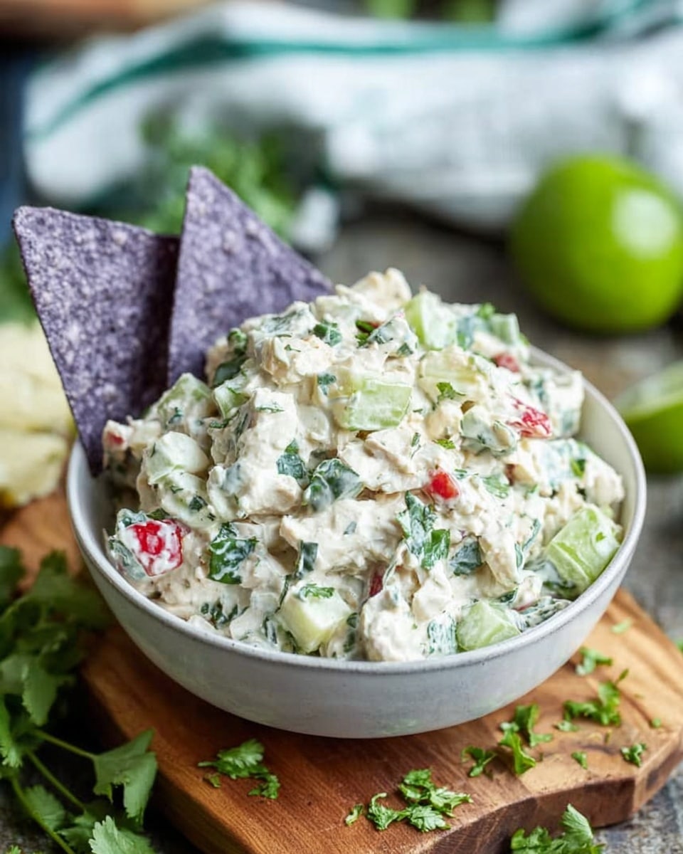 A white bowl filled with a creamy salad that has chopped white and green pieces mixed with small bits of red, likely crab or imitation crab salad with herbs and vegetables, two large blue corn chips are inserted on one side into the salad, the bowl sits on a wooden board with some green leaves scattered around, the background is a white marbled texture with a green blurred plant and a white cloth with green stripes partially visible. Photo taken with an iphone --ar 4:5 --v 7