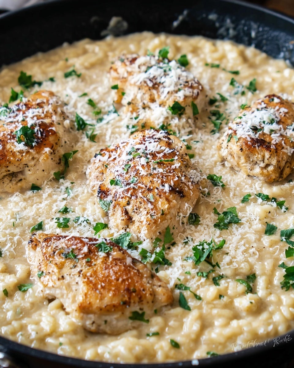 A close-up view of a black pan filled with creamy risotto that has a light beige color and soft texture, topped with four browned, seared chicken breasts placed evenly over the risotto layer; the chicken is lightly covered with grated cheese and scattered fresh green parsley leaves, adding bright color contrast against the creamy base. The pan rests on a white marbled surface with a blurred white plate stack visible in the background. Photo taken with an iphone --ar 4:5 --v 7