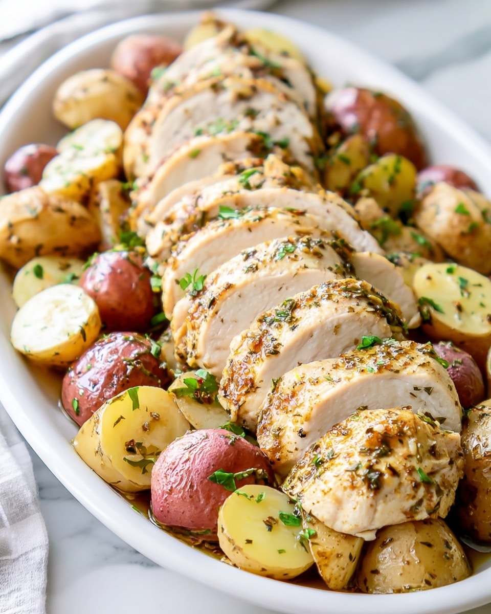 A white plate holds two rows of thickly sliced, well-spiced grilled chicken breasts arranged in neat layers from front to back; the chicken is golden brown with visible herbs and a slightly crispy texture on the outside. Beneath the chicken, there is a mix of halved baby potatoes in red and yellow shades, with a soft, cooked texture. Small green herb pieces are sprinkled over the chicken and potatoes, adding fresh color. The plate sits on a white marbled surface. photo taken with an iphone --ar 4:5 --v 7