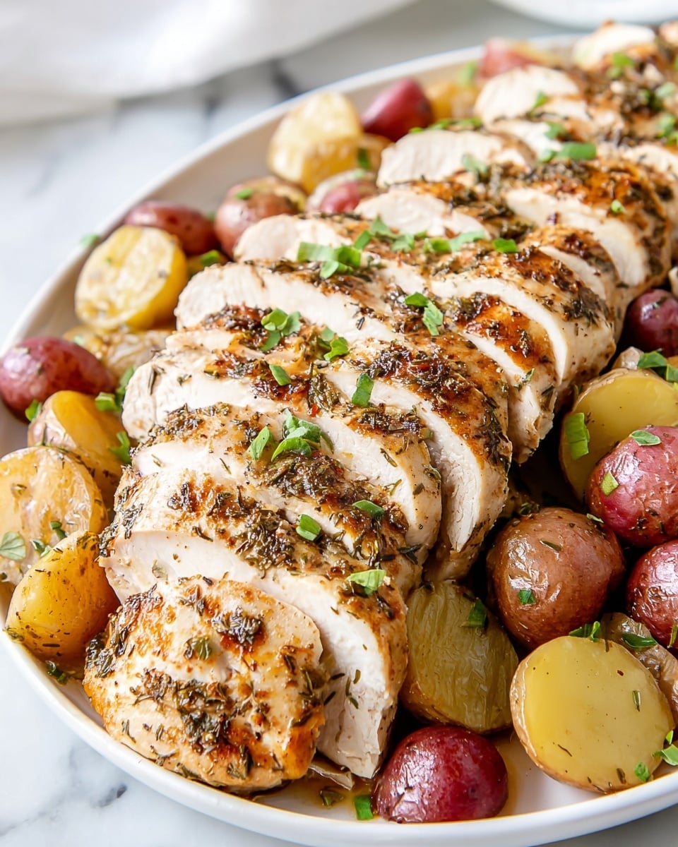 A white oval dish holds two rows of sliced, cooked chicken breast on top of halved red and yellow baby potatoes. The chicken is golden brown with a slight crust from herbs and seasoning, the slices layered closely together with some green herb garnish scattered on top. The potatoes beneath look tender with a mix of smooth and slightly wrinkled skin, partially visible between the chicken slices. The dish is on a white marbled surface with soft natural light highlighting the textures and colors. Photo taken with an iphone --ar 4:5 --v 7