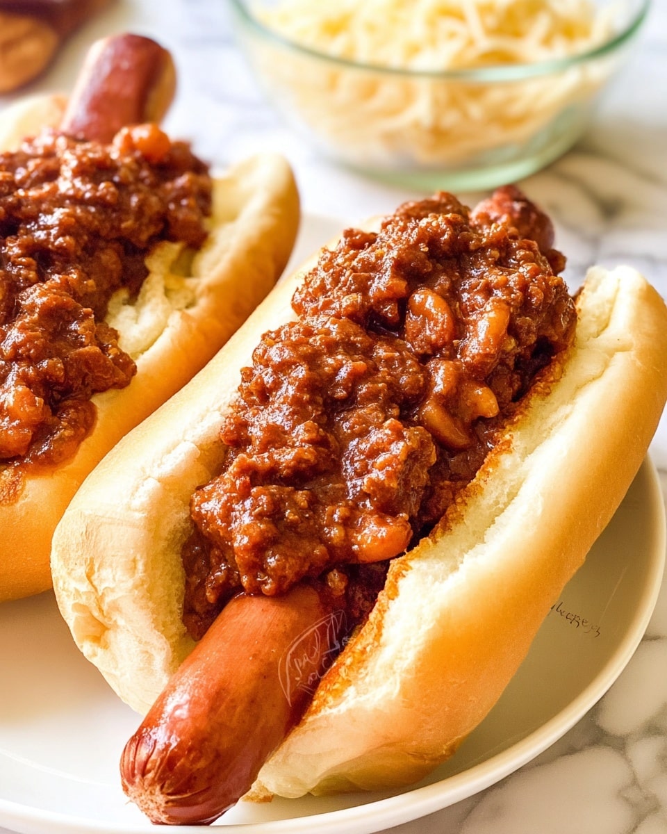 Two chili dogs are placed on a white plate, sitting on a white marbled surface. Each hot dog has a soft, light golden bun with a slightly crisp edge. Inside the buns are plump, grilled sausages, visible at the ends with a subtle char mark on one. On top of each sausage is a thick, chunky chili sauce with visible bits of cooked ground meat and beans, giving a textured, rich reddish-brown appearance. The chili sauce is glossy and moist, generously covering the sausages and slightly overflowing the buns. Photo taken with an iphone --ar 4:5 --v 7