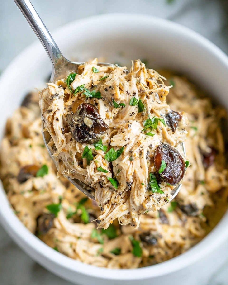 The image shows a close-up of a creamy chicken dish held on a fork above a white bowl. The dish has one main layer of shredded chicken mixed with a light beige creamy sauce, with visible small pieces of browned mushrooms and translucent onions. Sprinkles of fresh chopped green herbs are scattered on top, adding a pop of color. The background is a white marbled texture, keeping the focus on the forkful and the bowl below. photo taken with an iphone --ar 4:5 --v 7