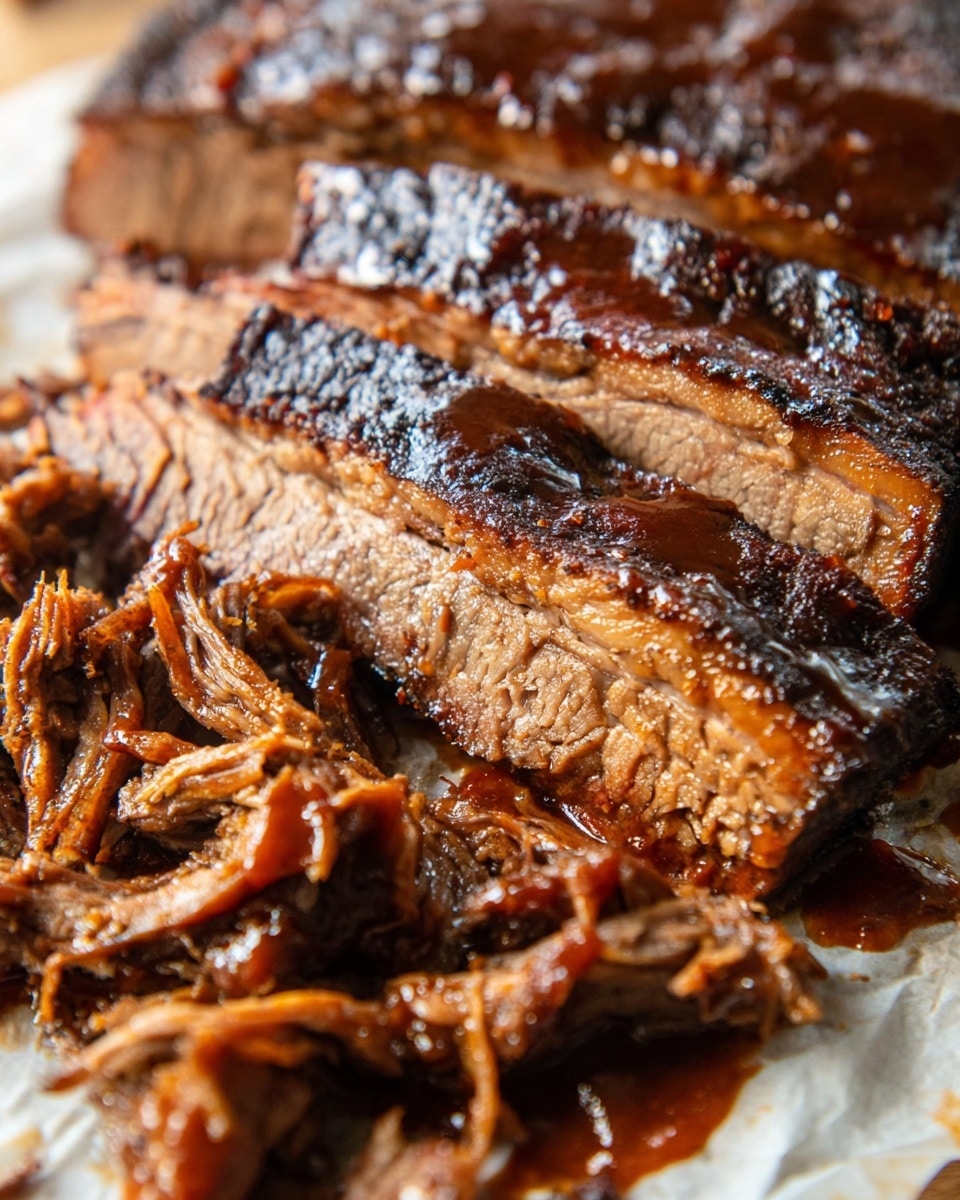A close-up view of several thick slices of slow-cooked beef brisket laid out on parchment paper over a white marbled surface. The brisket has a dark, crispy bark on the edges with a moist, tender, and juicy interior showing a rich brown color mixed with lighter shades of brown inside. The meat is covered with a glossy, thick layer of reddish-brown sauce that adds shine and moisture, and some pulled-apart strands of meat can be seen near the bottom, showing the tender texture. The background fades softly, keeping the focus on the brisket with some sauce dripped around it. photo taken with an iphone --ar 4:5 --v 7