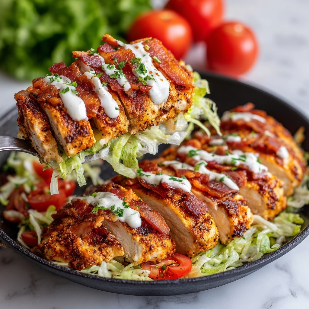 The image shows a cooked BLT chicken dish in a black pan. Each piece has four visible layers: at the bottom is a light golden grilled chicken breast with specks of seasoning, topped by light green shredded lettuce, then a bright red tomato slice, and finally, a crispy reddish-brown bacon strip drizzled with white creamy sauce. The pan is held by a spatula lifting one piece above the pan, revealing more similar pieces and lettuce beneath. In the blurred background, there are red tomatoes and green lettuce on a white marbled surface. Photo taken with an iphone --ar 4:5 --v 7