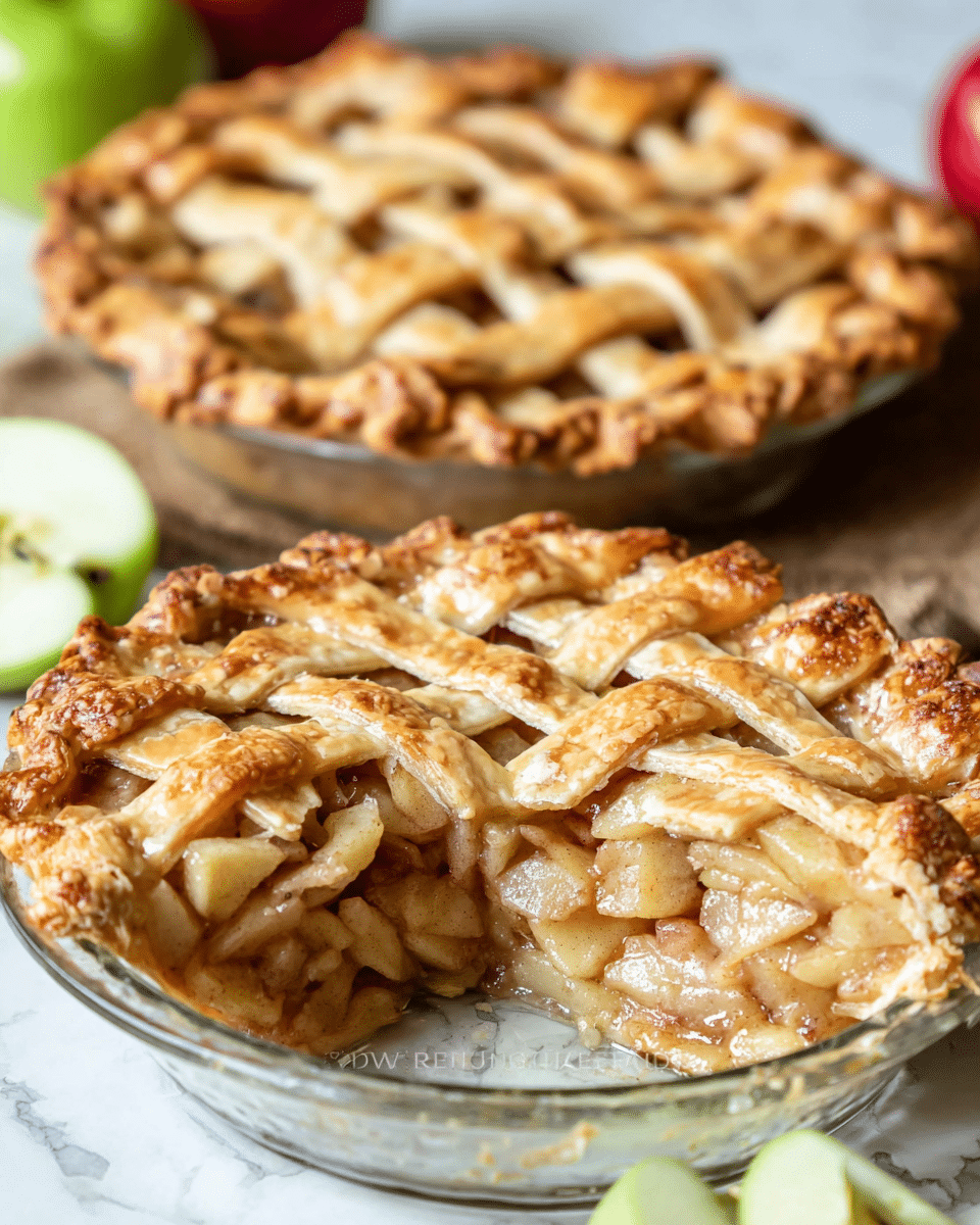 A close-up of two apple pies with a golden-brown lattice crust on top, showing a mixture of soft, light brown baked apple filling visible through the lattice gaps; one pie has a slice missing, revealing multiple even layers of cooked apple inside with a shiny, slightly syrupy texture. Both pies sit in clear glass pie dishes on a white marbled surface with some sliced green apples and a red apple blurred in the background, adding natural color contrast. The crust has a flaky, slightly rough edge with a warm, toasted look. Photo taken with an iphone --ar 4:5 --v 7