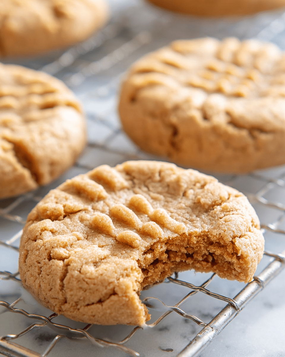 A close-up image of a round peanut butter cookie resting on a wire cooling rack over a white marbled surface, with one cookie in the foreground showing a bite taken from its side revealing a soft, crumbly light brown inside; the cookie has a cracked and slightly rough texture with faint fork marks creating a crisscross pattern, while two more whole cookies are softly blurred in the background. Photo taken with an iphone --ar 4:5 --v 7