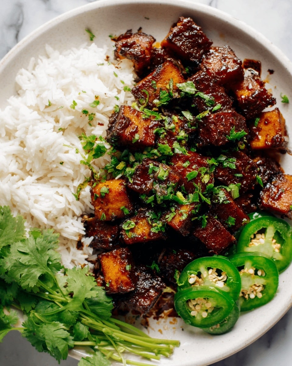 The image shows a close-up of a white plate with a white marbled background. The dish features thick, dark brown pieces of cooked meat and orange cubes of sweet potato, both coated in a shiny sauce and sprinkled with green herbs and red chili flakes. To the left of the meat and sweet potato, there is a serving of white rice, and to the right, there are thin slices of fresh green jalapeño peppers. A few sprigs of fresh green cilantro are placed on the plate's edge. The textures show the meat as tender and slightly glossy, while the sweet potatoes are soft and matte. Photo taken with an iphone --ar 4:5 --v 7