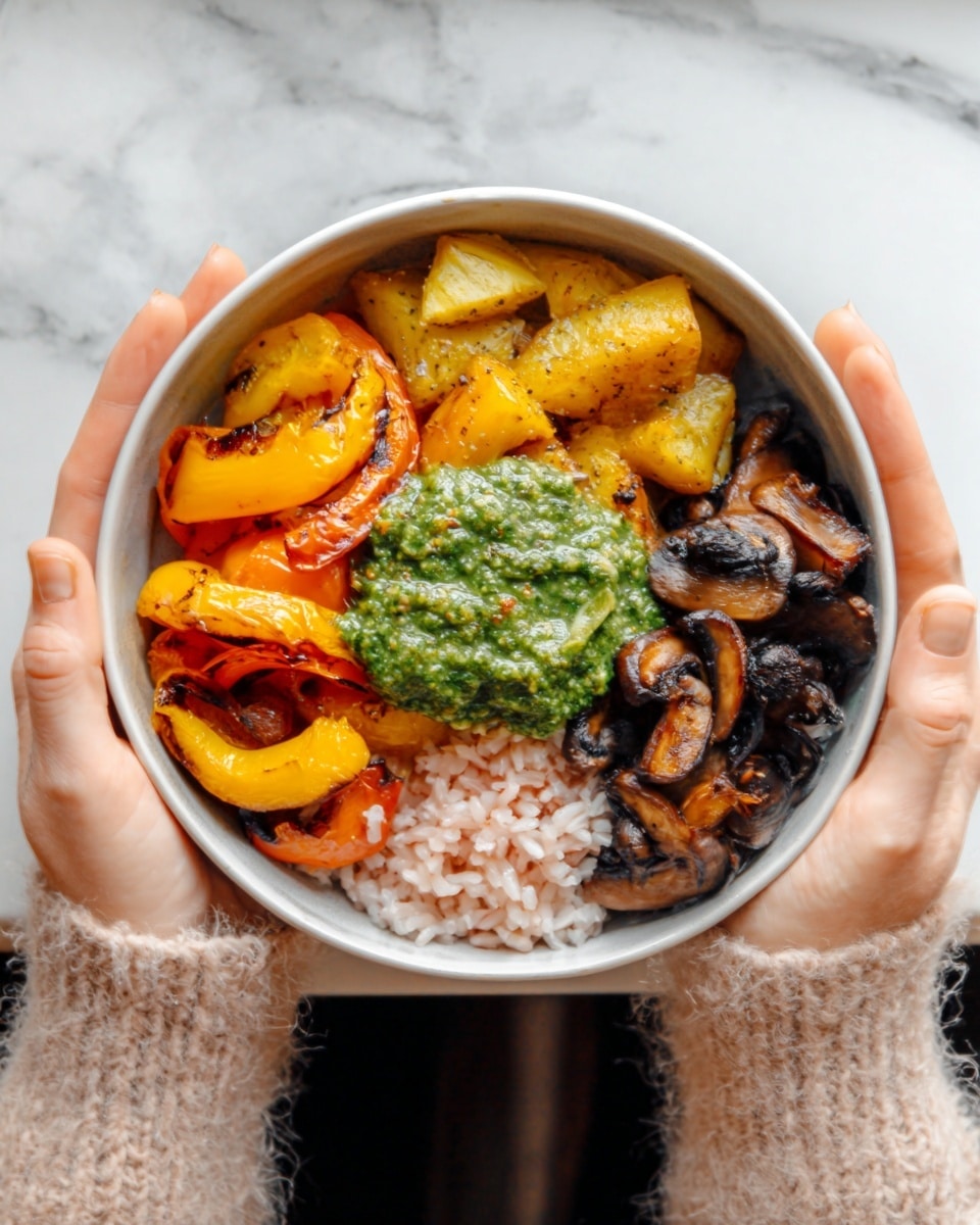 A white bowl is held by a woman's hands wearing a fuzzy beige sweater, filled with four layers of food. On the left, there are bright orange and yellow roasted bell pepper slices with a soft, slightly shiny texture. Next to it, there are golden yellow roasted potato pieces, slightly crispy on the edges. At the top right, there are dark brown sautéed mushrooms with a moist and glossy look. In the center, a dollop of green pesto sauce sits on a bed of light pink rice, smooth and creamy in texture. The bowl is set against a white marbled surface. Photo taken with an iphone --ar 4:5 --v 7
