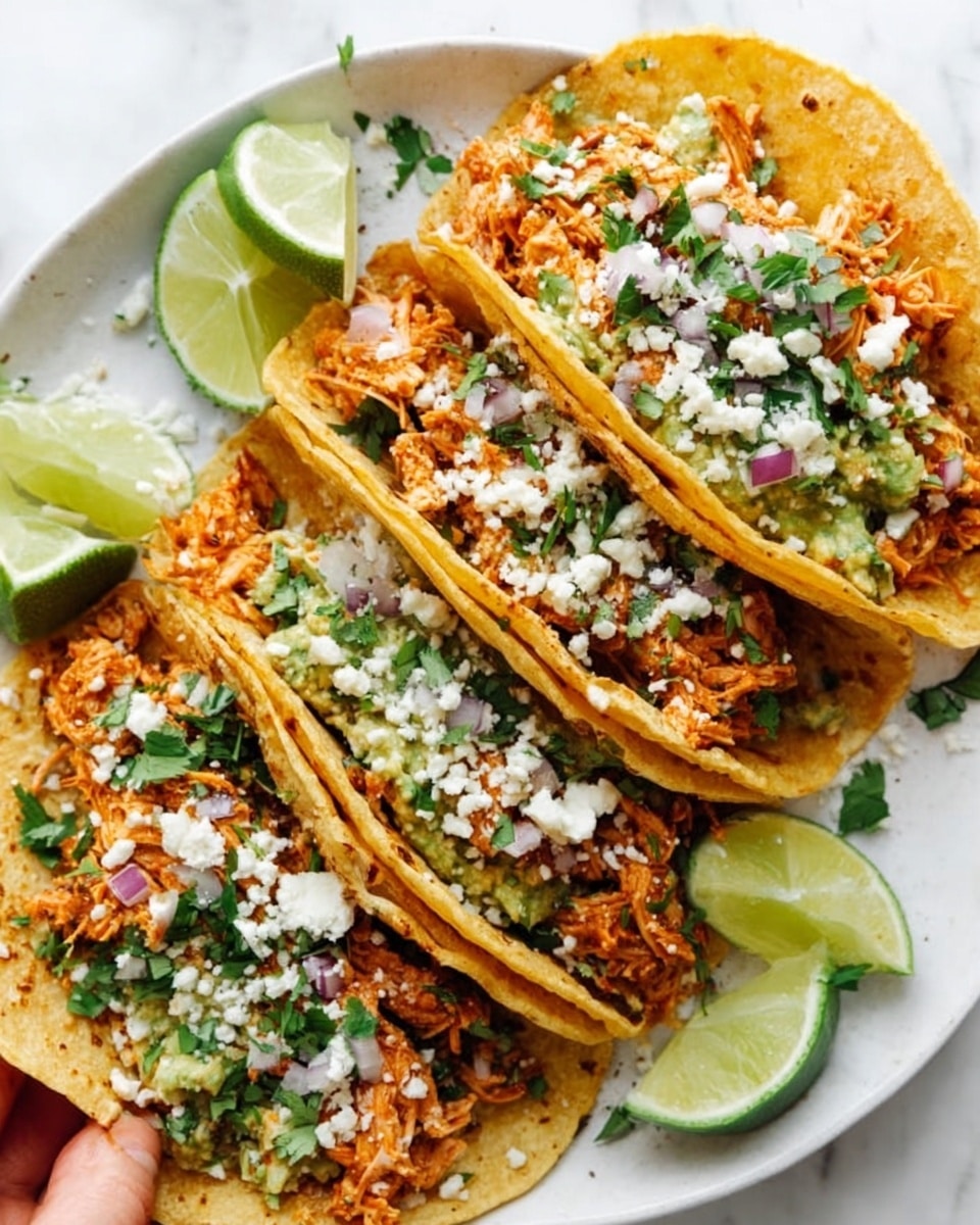 The image shows three tacos placed closely together, each with three visible layers. The bottom layer is a soft corn taco shell with a light speckled texture. On top of the shell is a layer of shredded orange-colored chicken mixed with small bits of green herbs. Above this is a layer of finely chopped fresh green cilantro and white crumbled cheese sprinkled generously over everything. The tacos sit on a white marbled surface with three lime wedges arranged nearby. A woman's hand is holding one taco gently from the side. The colors are bright and fresh, with textures ranging from soft to crumbly. Photo taken with an iphone --ar 4:5 --v 7