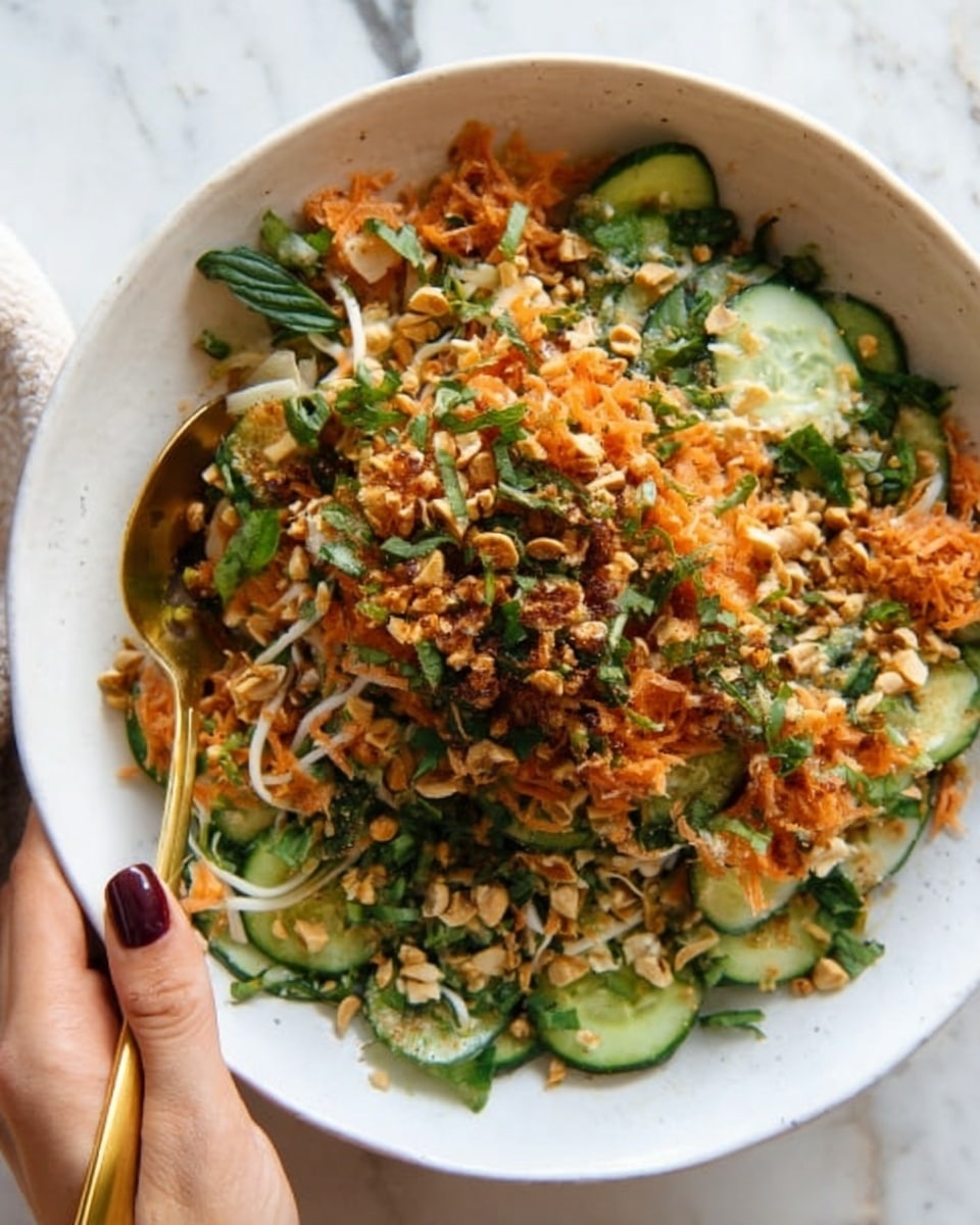 A white shallow bowl filled with a colorful salad made of sliced cucumber, shredded carrots, and bean sprouts, topped with chopped green herbs and crushed peanuts. The salad layers are mixed, showing green, orange, and white colors with some crunchy and soft textures. A woman's hand holds the bowl at the bottom left, and a gold spoon is placed inside the bowl on the left side. The background is a white marbled surface. Photo taken with an iphone --ar 4:5 --v 7