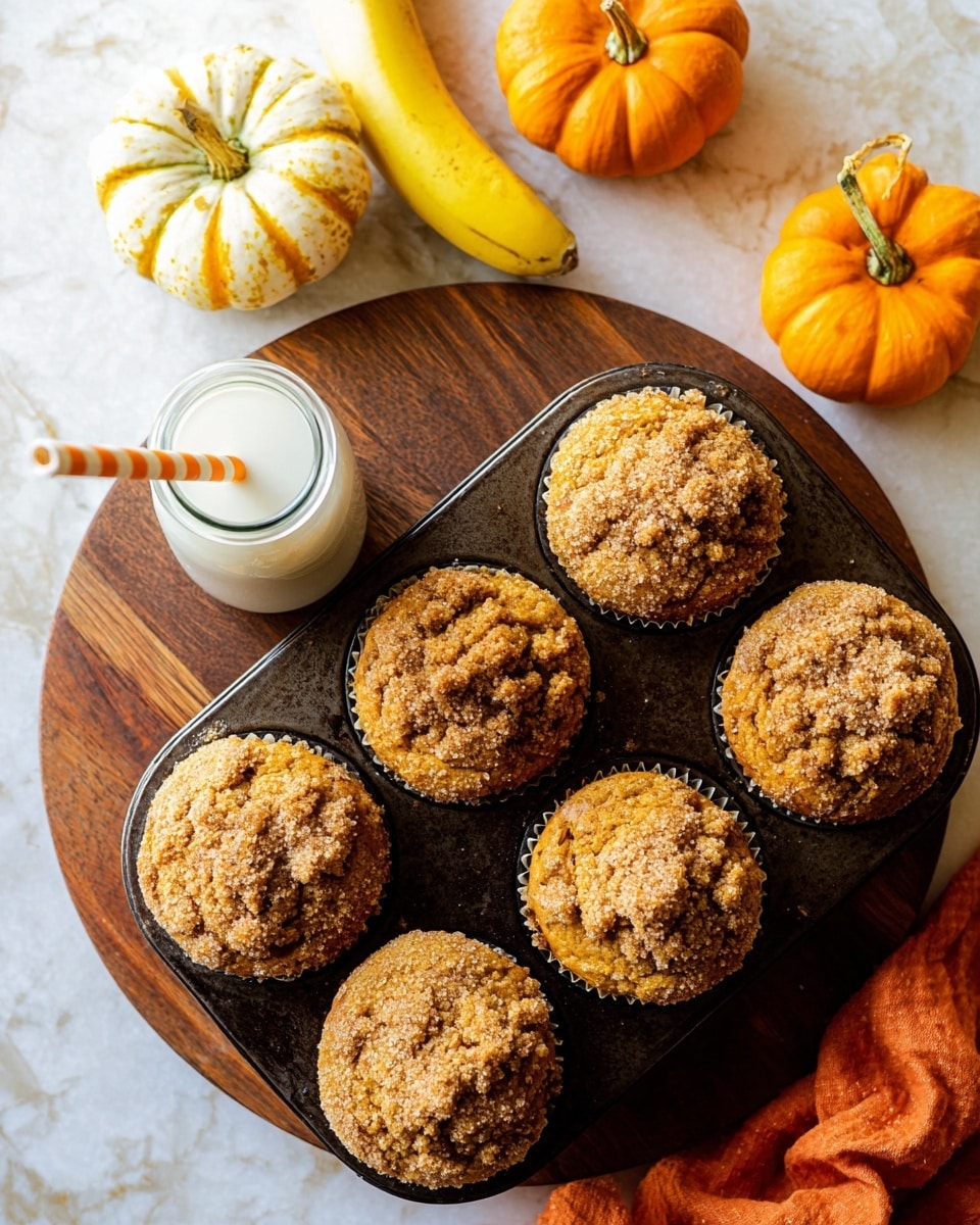 Five golden brown muffins with a crumbly sugar topping sit in a dark metal muffin tray, which is placed on a round wooden board with a handle. The muffins have a rough textured top and look fresh from the oven. Behind them are two small orange pumpkins and a partially visible yellow banana. To the left of the board is a clear glass bottle filled with milk, with an orange and white striped straw inside. The whole scene is set on a white marbled surface, with a soft orange cloth partially visible near the bottom right corner. Photo taken with an iphone --ar 4:5 --v 7