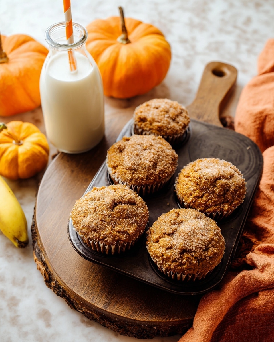 Six golden brown muffins with a crumbly topping are in a dark metal muffin pan placed on a round wooden board. The muffins have a lightly rough texture with golden sugar bits on top. Near the muffin pan, there is a small glass bottle of milk with a white and orange striped straw inside. Two small round pumpkins and a banana are on the white marbled surface behind the muffins, along with an orange cloth partially visible at the bottom right corner. photo taken with an iphone --ar 4:5 --v 7
