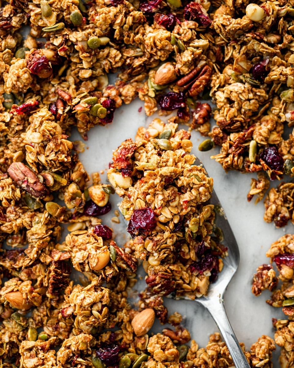 A close-up image of chunky homemade granola spread across a white marbled surface, showing a mix of oats, nuts like pecans and almonds, green pumpkin seeds, and dried red cranberries. The granola pieces have a rough, crumbly texture with a golden-brown to medium brown color, some clusters loose and some denser. A silver slotted spatula in the center lifts a mix of these granola clusters, with some scattered small crumbs around it. The scene is bright and clear, focusing on the vibrant natural colors and textures of the granola and nuts. Photo taken with an iphone --ar 4:5 --v 7