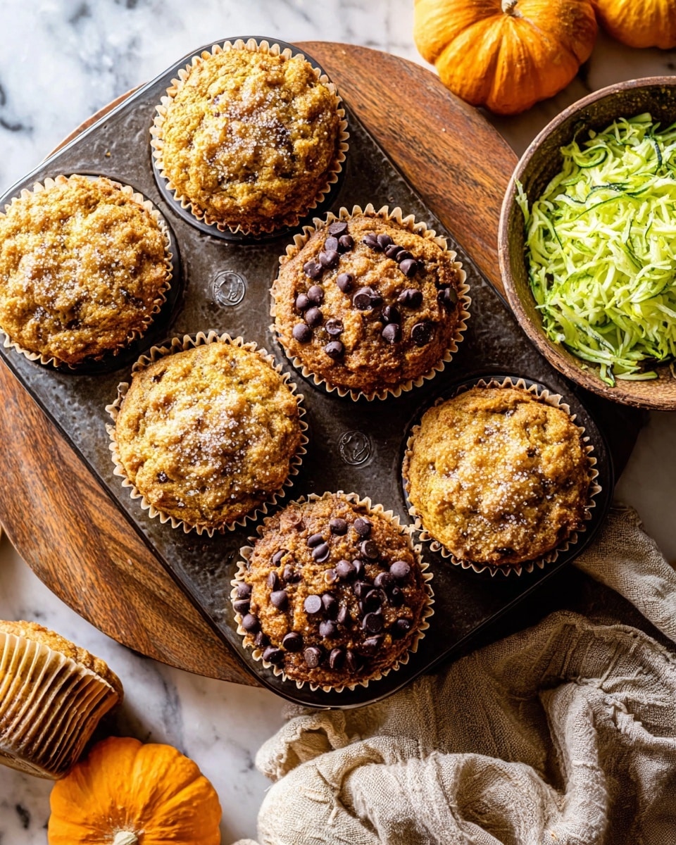 A close up of a dark metal muffin tray with seven muffins, each muffin topped with sugar crystals and some with dark chocolate chips, showing a golden brown color with a slightly rough and crumbly texture. The muffins have white liners and appear fluffy, with a few having small green bits inside. The tray rests on a white marbled textured surface, partly visible. Around the tray, there is a bowl filled with shredded green zucchini, a small bright orange pumpkin, and a piece of beige cloth with a rough texture, all placed on the white marbled surface. Photo taken with an iphone --ar 4:5 --v 7