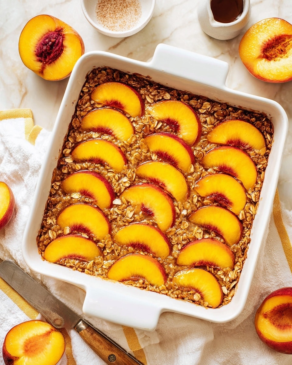 A square white dish with two handles is filled with a baked oatmeal topped with three neat rows of peach slices. The peaches are bright orange-yellow with a thin red skin, arranged in slightly curved, overlapping layers on top of a textured, golden-brown oat mixture that looks soft and moist. The dish sits on a white marbled surface, surrounded by a half peach, a small bowl of brown sugar, a white cloth with yellow stripes, a knife with a wooden handle, and a light beige plate with three black forks. The overall look is warm and inviting, with natural colors and a cozy feel. photo taken with an iphone --ar 4:5 --v 7