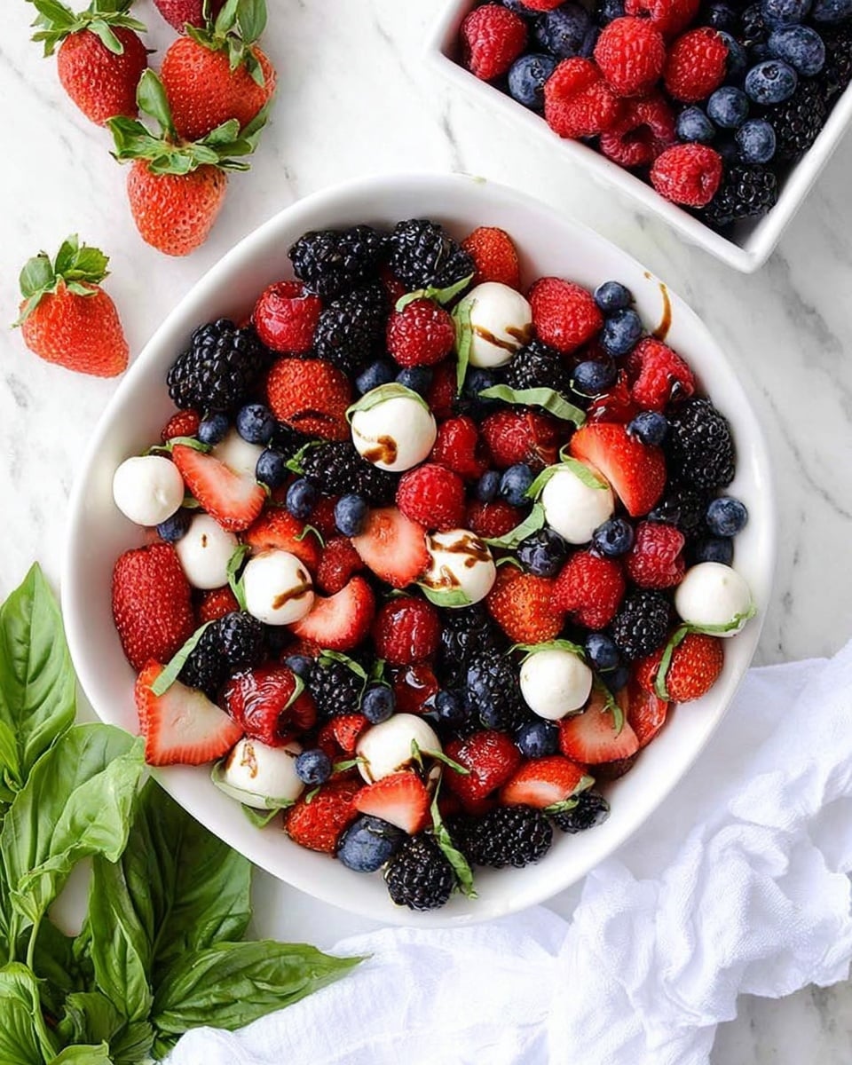 A white bowl filled with a colorful berry salad sits on a white marbled surface, next to a white square container also full of mixed berries. The bowl has three main layers: the bottom layer of dark blackberries and blue blueberries; the middle layer of bright red strawberries and raspberries cut into pieces; and the top layer features small white mozzarella balls drizzled with a dark balsamic glaze, mixed with small green basil leaves scattered across. The berries look fresh and juicy, giving a mix of red, black, white, green, and blue colors with a glossy texture. Photo taken with an iphone --ar 4:5 --v 7