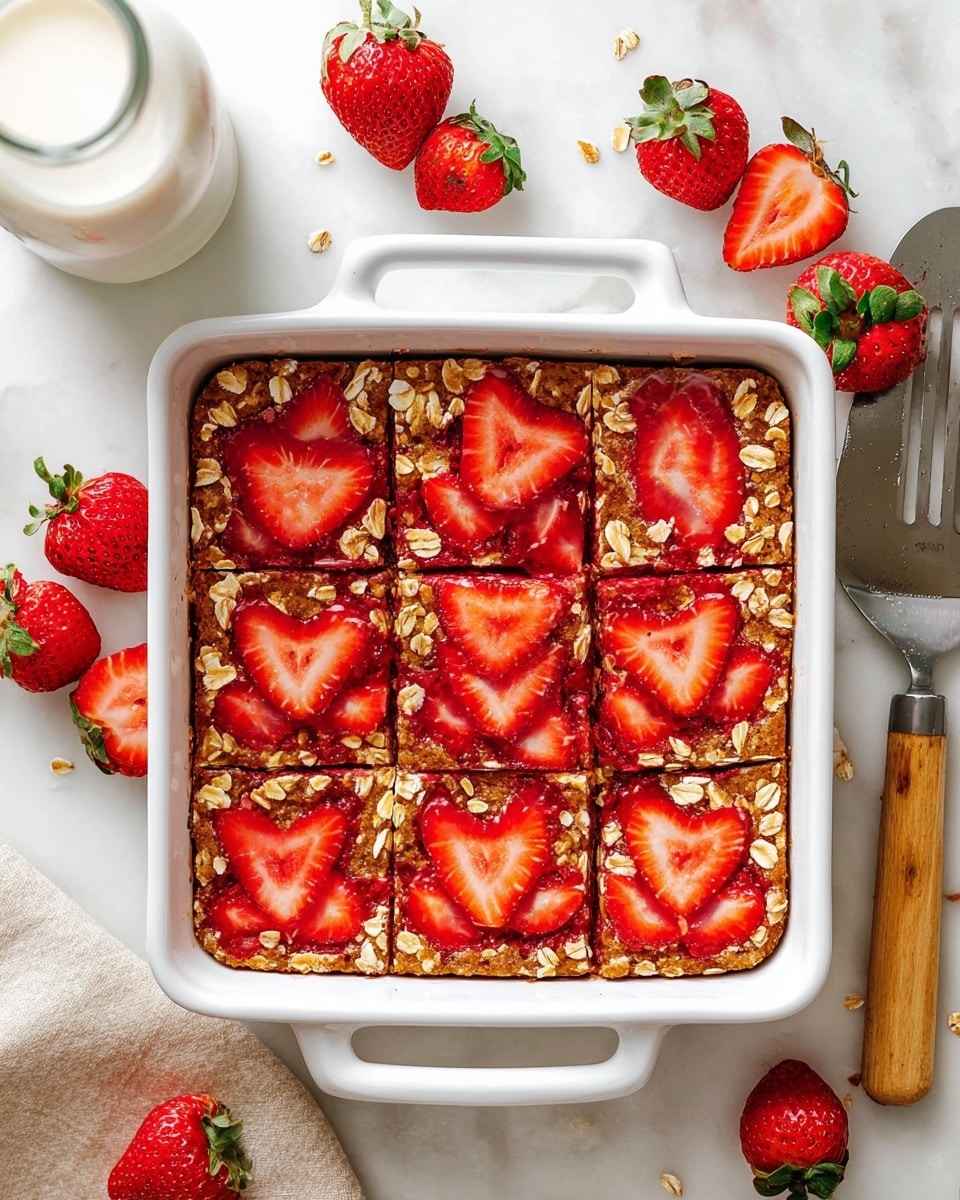 The image shows a white square baking dish filled with a baked oatmeal dessert, cut into nine squares. The top layer is golden brown with a rough texture from oats and is decorated with evenly placed fresh red strawberry slices, some whole strawberries are placed around the dish on a white marbled surface. A metal spatula with a wooden handle rests in the dish under the baking item. To the top left, a glass bottle of milk is partially visible. photo taken with an iphone --ar 4:5 --v 7