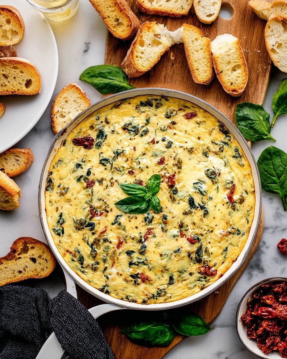 A white skillet filled with a baked dish showing a creamy, golden top layer scattered with green spinach leaves and bits of sun-dried tomatoes, creating a mix of light yellow, green, and red colors with a slightly browned, bubbly texture. Around the skillet are toasted bread pieces in light golden-brown shades on a wooden board, adding a crunchy look. There are small bowls with red pepper flakes and sun-dried tomatoes, and fresh green spinach scattered around. The background is a white marbled surface with a dark textured cloth partially visible under the board. Photo taken with an iphone --ar 4:5 --v 7