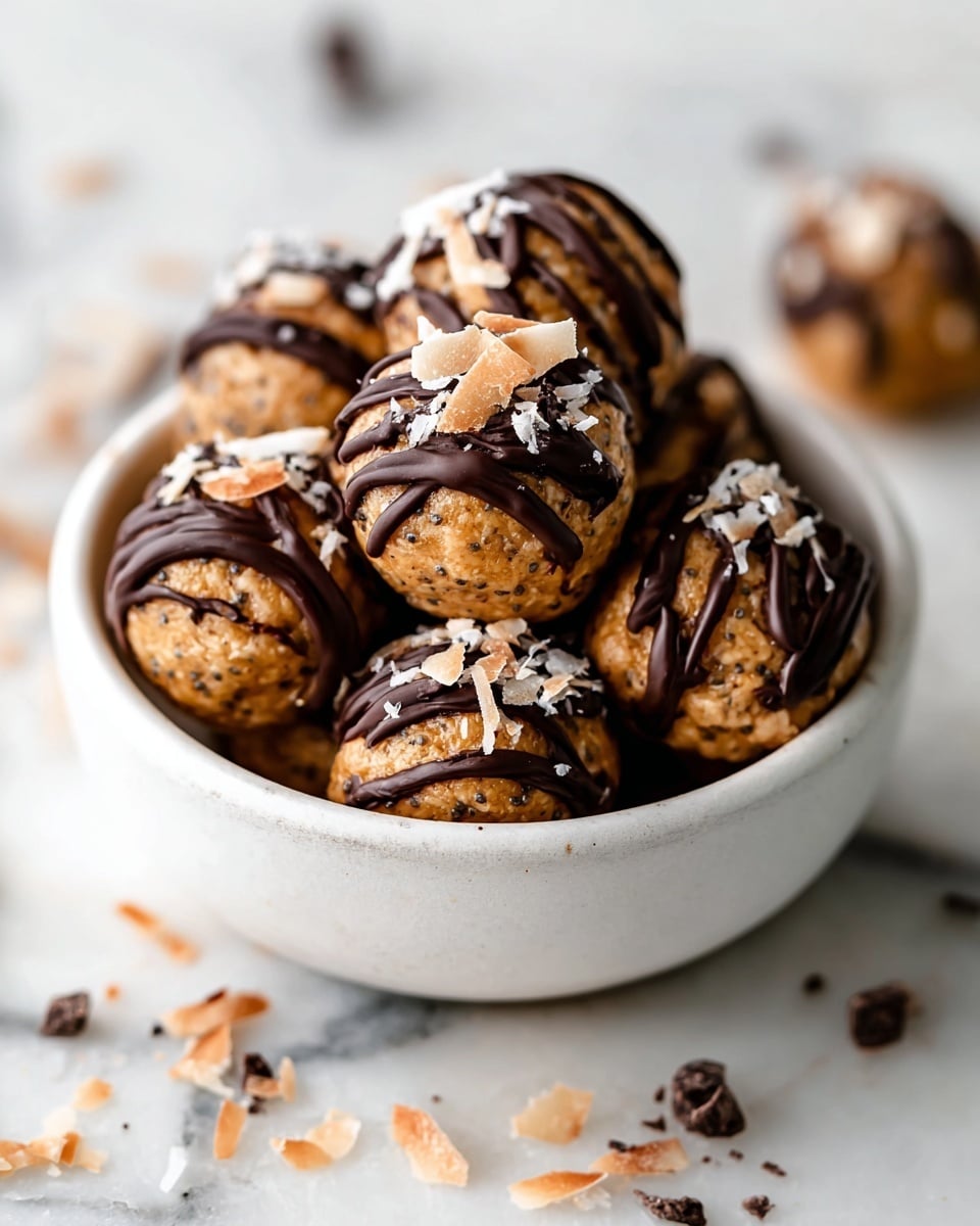 A white bowl filled with eight round energy bites that have a rough, grainy texture and are light brown with small dark spots. Each bite is partially dipped and drizzled with dark brown chocolate, which creates a shiny, smooth contrast on the surface. Some bites are topped with small white flakes that look like coconut. The bowl sits on a white marbled surface with scattered crumbs and chocolate bits around it, giving a casual, homemade feel. photo taken with an iphone --ar 4:5 --v 7